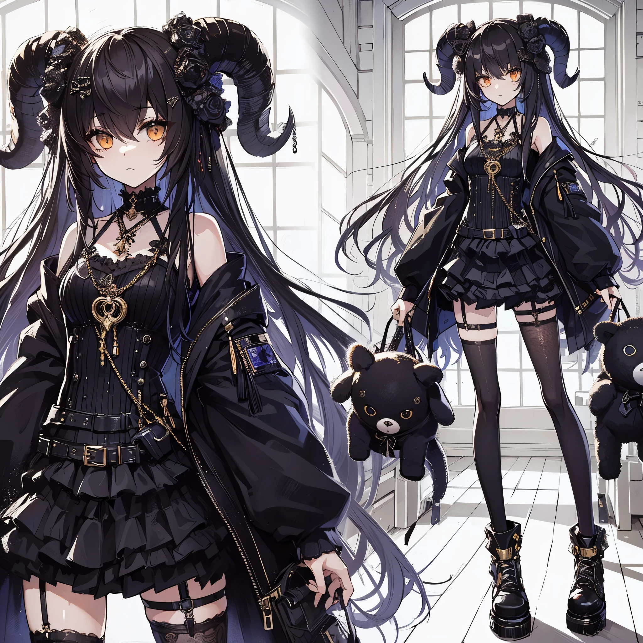(Masterpiece, best quality), (perfect athlete body: 1.2), (detailed hair), ultra-detailed, anime style, full body of cyberpunk gothic girl , black gothic dress, with big horns, long black hair, golden eyes, dressed in black, holding a stuffed animal, wearing raised shoes, digital painting, 8k high resolution, trending art station, white background, whole body, standing in western style house.
