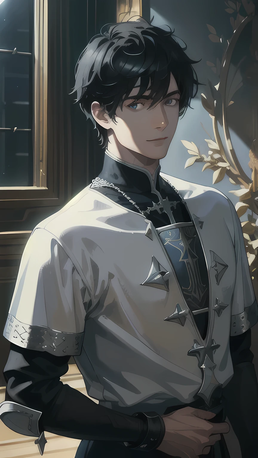 boy, knight in shining armor, Black short hair, dark eyes, happy expression, fencing, medieval, (Best quality, 4K, a high resolution, masterpiece:1.2), ultra detailed, (Realistic:1.37), HDR, Studio lighting, very detailed description, professional, bright colors, portraits, hips, Cool color tones, dramatic lighting.