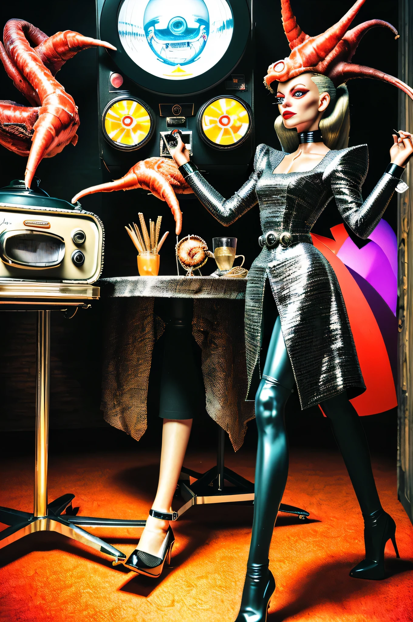 ultra-real hyper-insane stunning ultra-surreal surreal woman with retro-futuristic TV head; anatomical interior; bold colors, technology fusion, nostalgic atmosphere; interior setting; vintage man and woman well dressed avant-garde bizarre fashion, pieces of cubist meat walking and drinking, others eating bizarre food at the table and emerging from within them insane extensions, bizarre and nonsense old devices glued to the chest, show entire full bodies, walking on the beach, dark sunny background, super detailed, ultra-realistic, studio quality, 48k/HD, hyper-realistic shadows, octane rendering, sharp focus