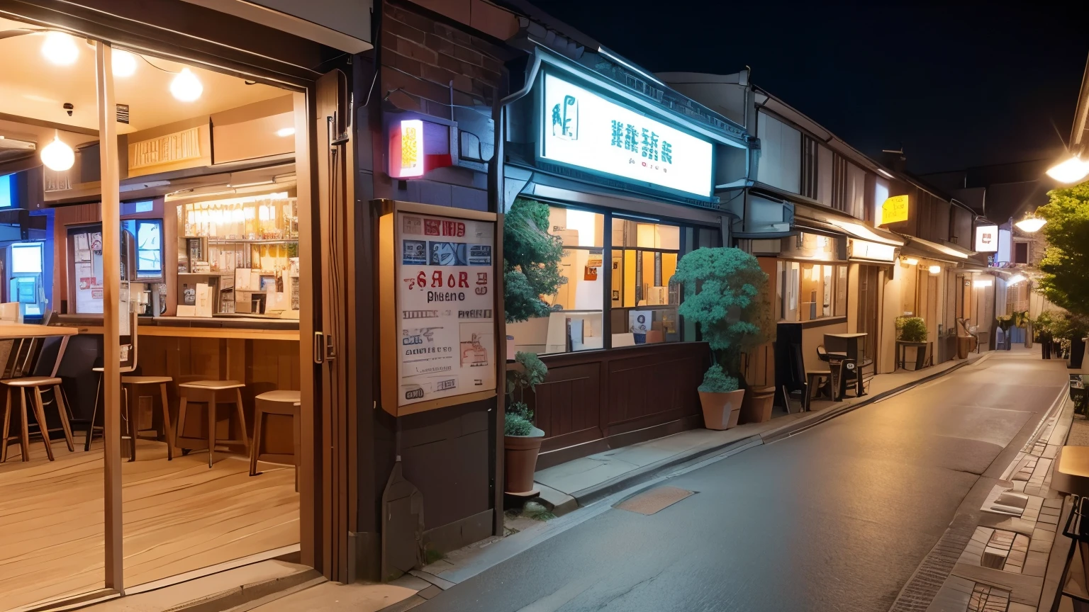 high definition images、Taken with a wide-angle lens、human eye level、Cityscape with a pub、A corner of the office district、back alley、night scenery