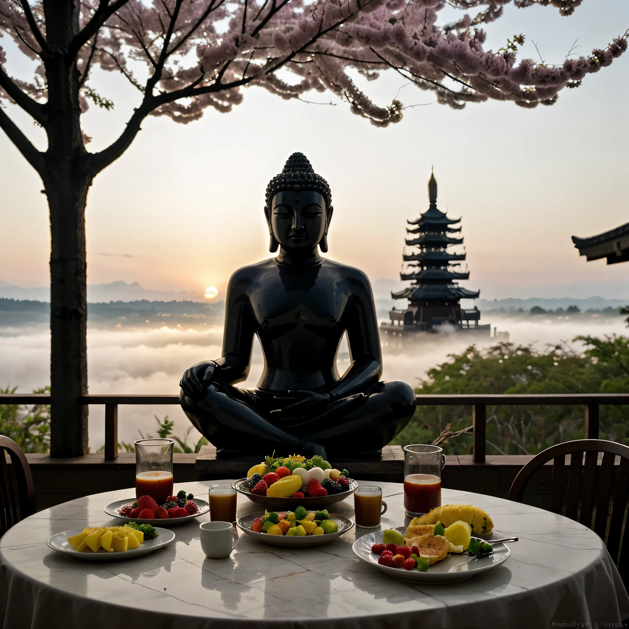 breakfast in japan near a temple,giant statue of buddha in background, cherry trees, at sunrise, outdoors. masterpiece, best quality, super detailed, high resolution, very detailed, 8k uhd, (fidelity, fidelity: 1.5), (natural light), amazing, photon mapping, radiosity, amazing physically based rendering, fine detail, best, high quality, raw photos, (Masterpiece, Top quality, Best quality, Beautiful and aesthetic:1.2), Extremely detailed, highest details, sunrise, There is a bouquet on the table, Cups of coffee, Vases with fruits, berries, pineapples,bananas,strawberries. exotic fruits on the table, eggs on the table, the most fantastic breakfast foods on the table. misty morning fog, radiant light shinning in. 8k