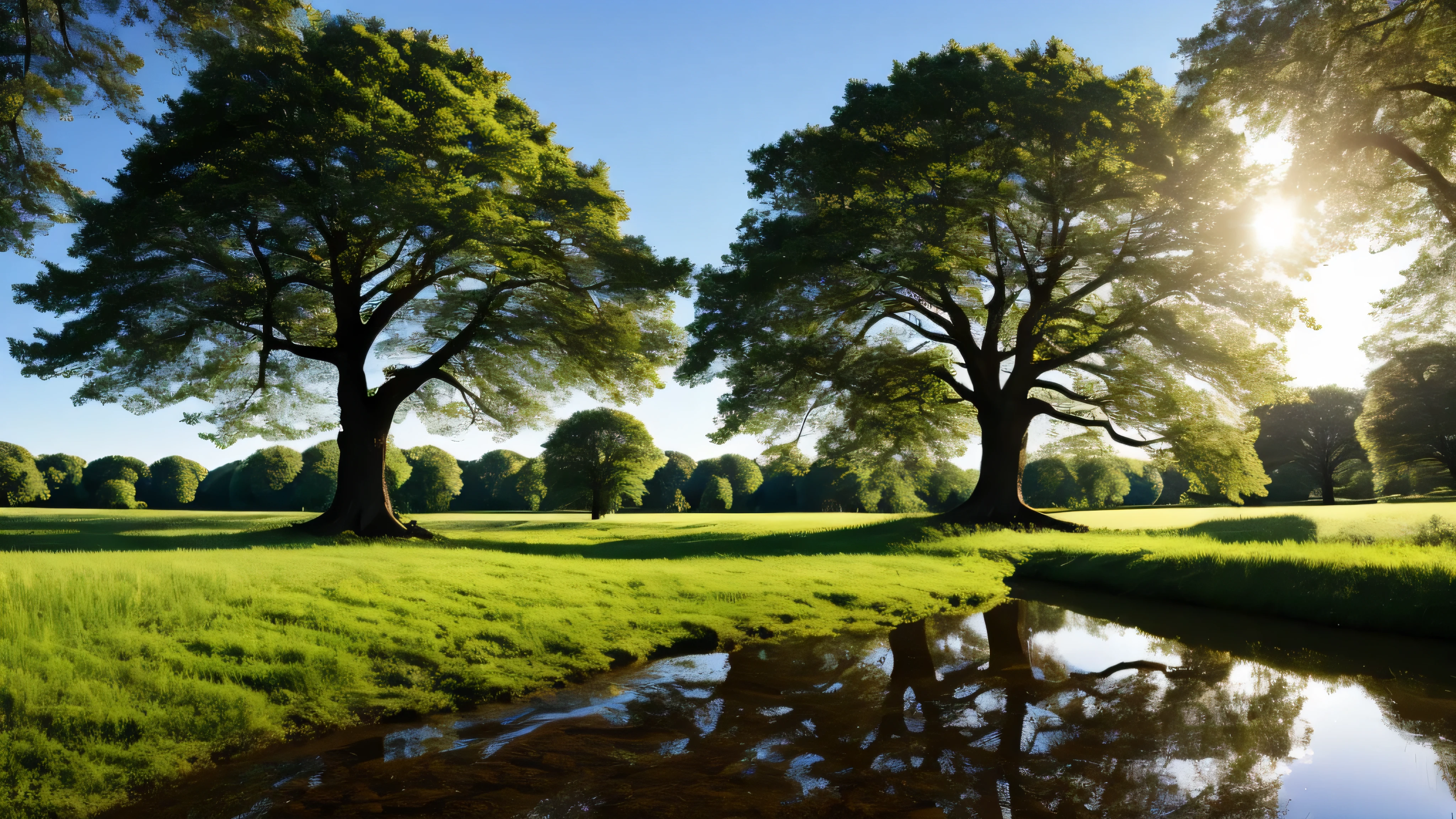 big oak tree in a field by a stream