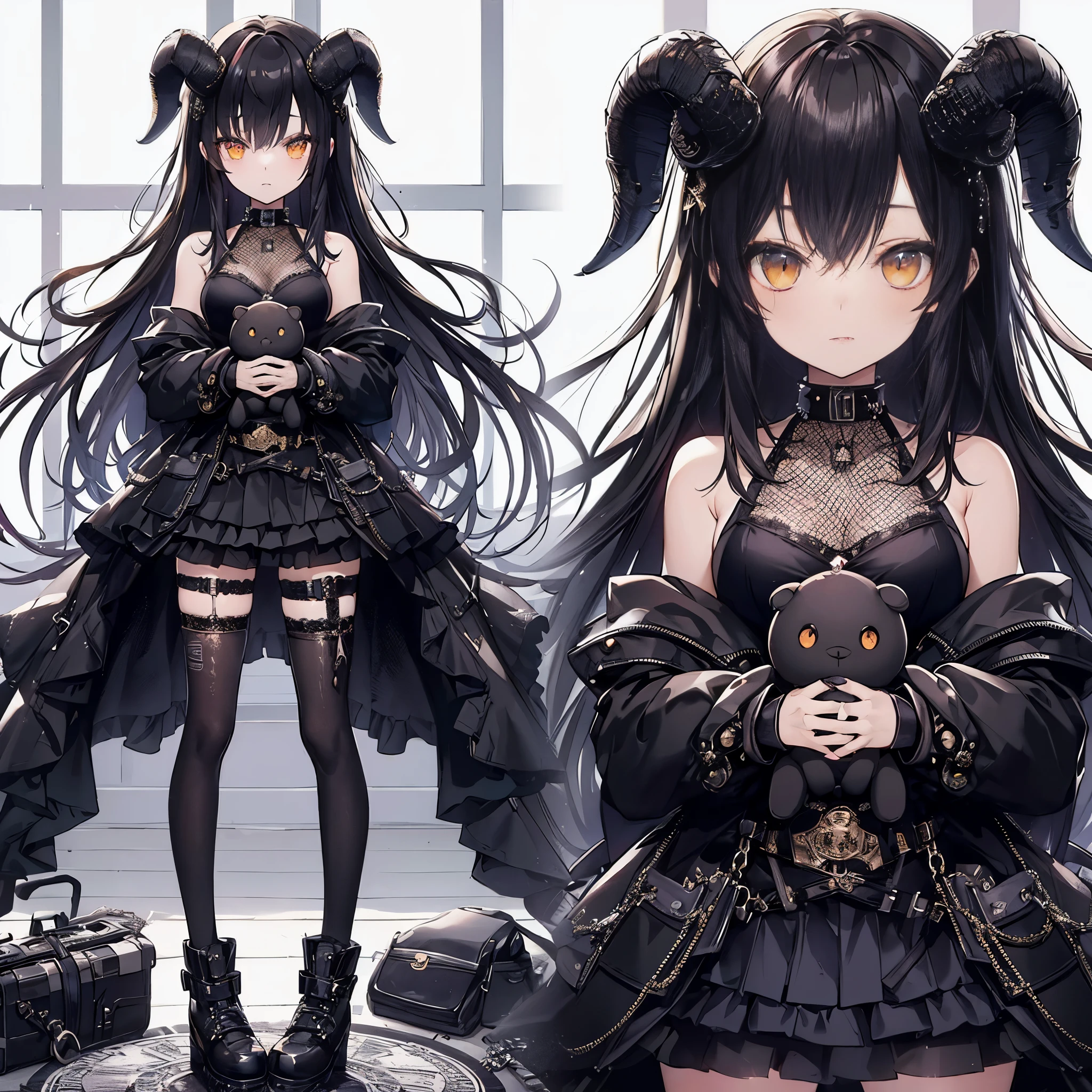 (Masterpiece, best quality), (perfect athlete body: 1.2), (detailed hair), ultra-detailed, anime style, full body of cyberpunk gothic girl , black gothic dress, with big horns, long black hair, golden eyes, dressed in black, holding a stuffed animal, wearing raised shoes, digital painting, 8k high resolution, trending art station, white background, whole body, standing in western style house.