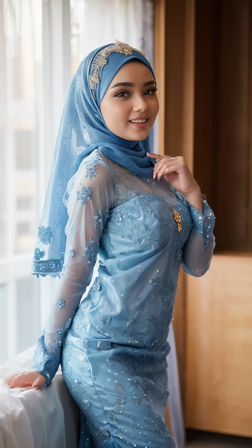 Beautiful, cute baby Face, ************ russian muslim girl, (wearing blue hijab), full hijab, sexy long sleeves kebaya dress, slightly Chubby , White Skin, Smiling, porn studio Background, day light,mid shot, full body, Perfect Potrait, Bokeh Effect, Look at Viewer, small breast, ((adorable:1.2)), ((masterpiece:1.1)), ((bokeh:1.2)), buttocks,(naughty seductive poses)