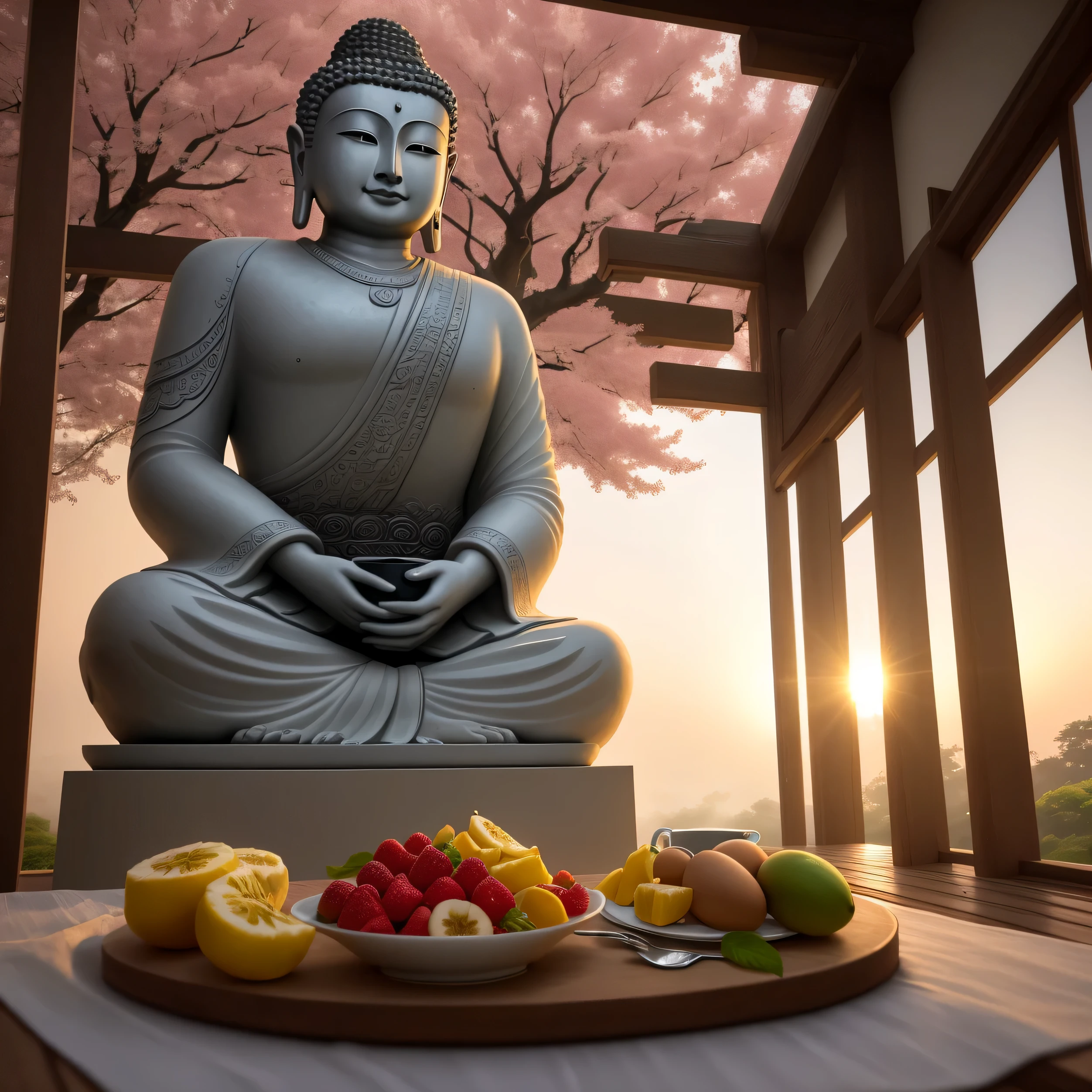 breakfast in japan near a temple,giant statue of buddha in background, cherry trees, at sunrise, outdoors. masterpiece, best quality, super detailed, high resolution, very detailed, 8k uhd, (fidelity, fidelity: 1.5), (natural light), amazing, photon mapping, radiosity, amazing physically based rendering, fine detail, best, high quality, raw photos, (Masterpiece, Top quality, Best quality, Beautiful and aesthetic:1.2), Extremely detailed, highest details, sunrise, There is a bouquet on the table, Cups of coffee, Vases with fruits, berries, pineapples,bananas,strawberries. exotic fruits on the table, eggs on the table, the most fantastic breakfast foods on the table. misty morning fog, radiant light shinning in. 8k