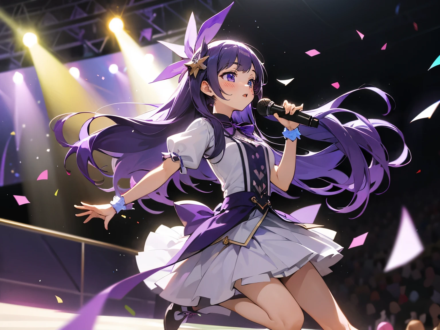 (muste piece), (best quality), very detailed, ((1 girl)), solo focus，Low - Angle，dynamic，jump，((A big smile))，wink，perfect face, beautiful face, very detailedな顔，(Purple hair long hair_purple eyes:1.3)，idol costume，solo idol，Ribbon hair ornament，concert dome，live，have a microphone，singing，Smiling with mouth wide open，Laser Light，Spotlight，confetti