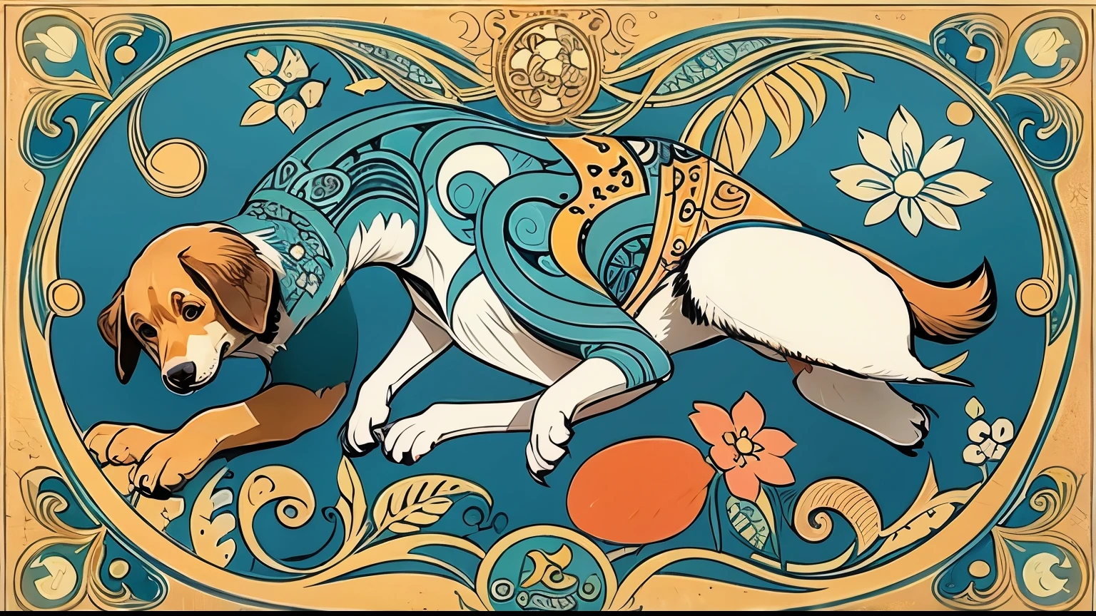 art nouveau background with dog bones and paw prints