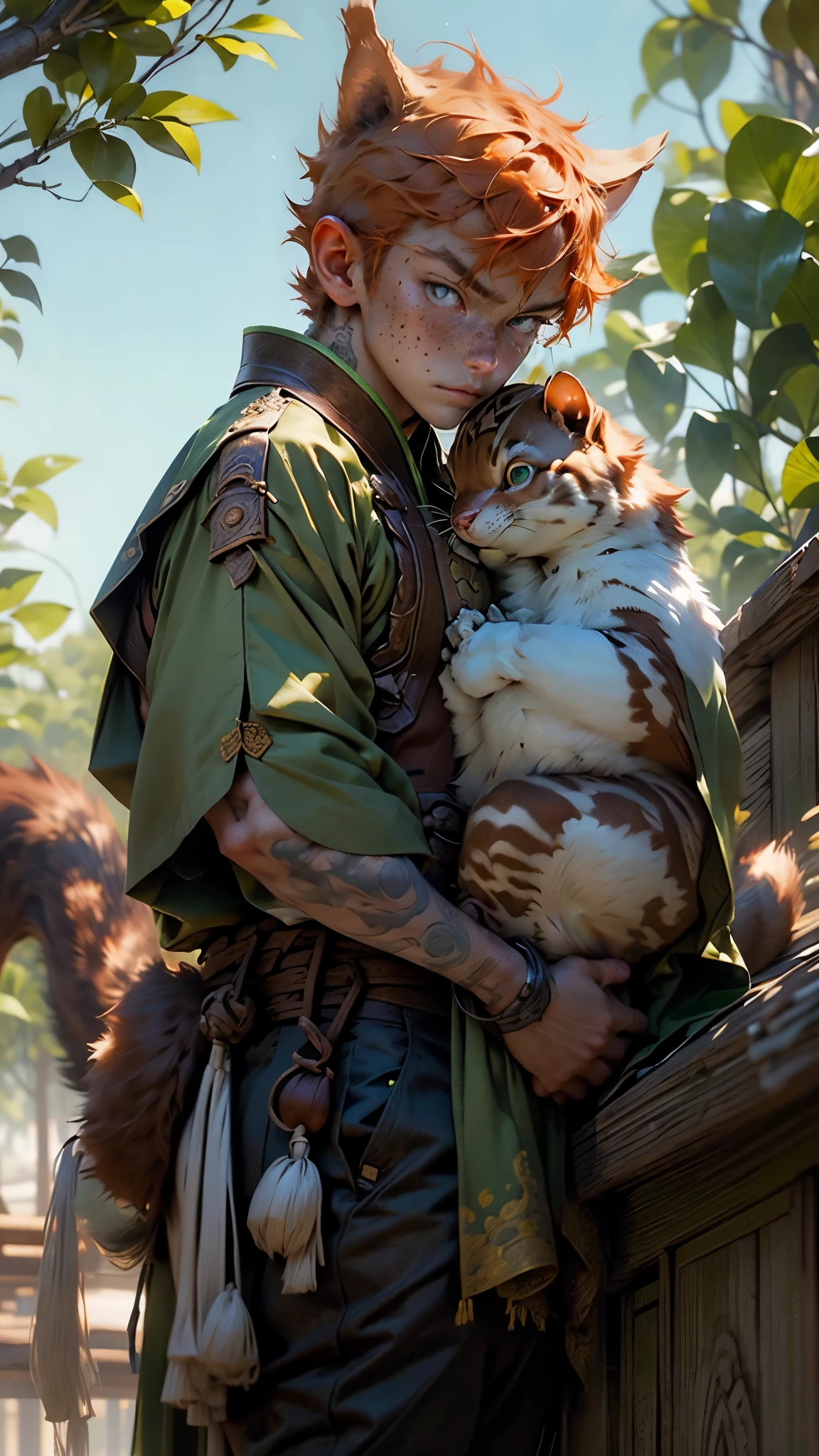 male asian young boy, detailed facial features, emerald green eyes, lots of freckles, mischevious glare, ginger squirrel ears, ginger squirrel tail