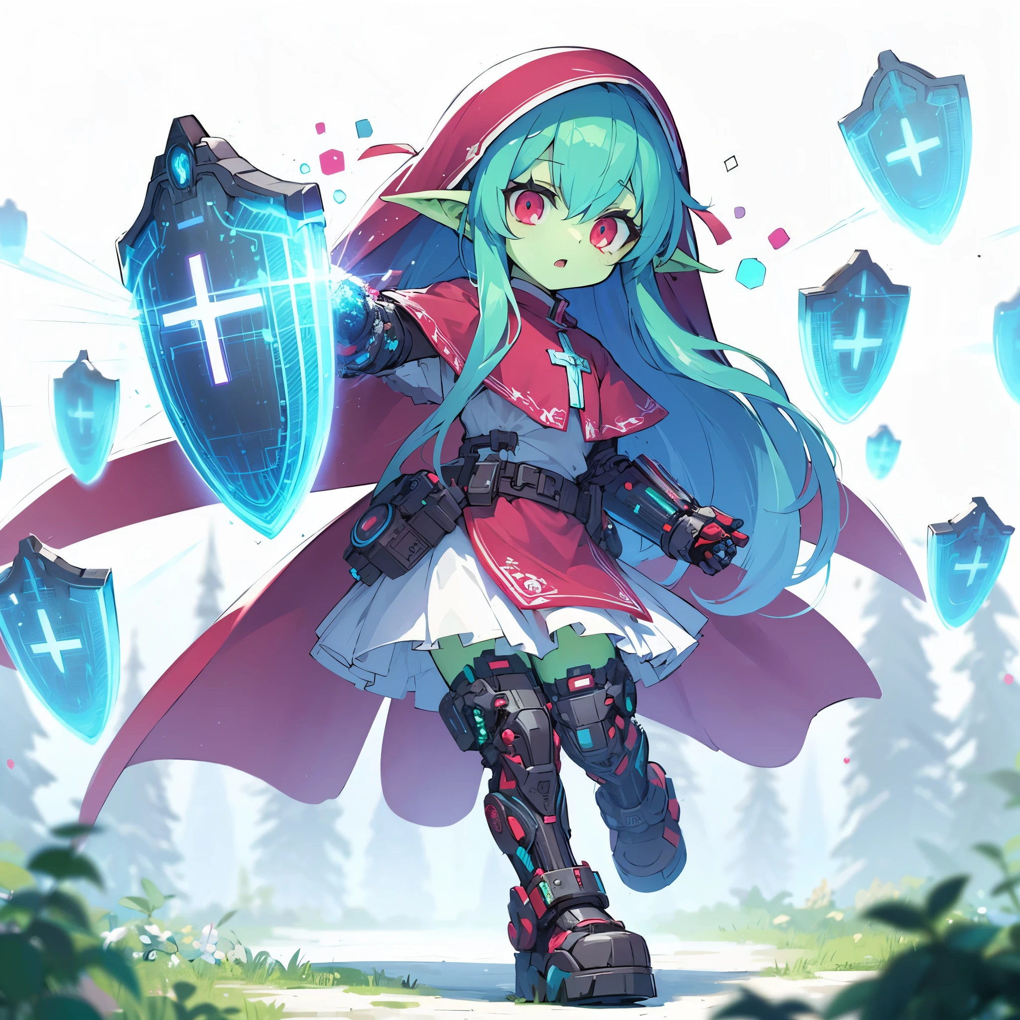 (Masterpiece, top quality), (perfect athlete body: 1.2), (detailed hair), super detailed, anime style, full body, solo, cute Cyberpunk goblin girl, wearing red nun's habit, night blue hair and red eyes, pale green skin, deploying many force field shields of light, holy knightly, shield maiden, short, divine light, wearing hi-tech boots, standing forest, white background, full body,
