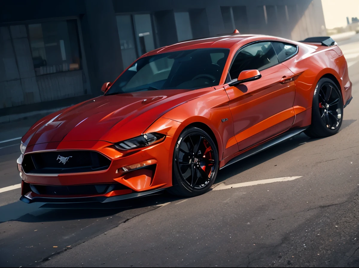 a film still of close up shot of a red mustang parked on a city street in the style of fast and furious, cinematic, sharp focus