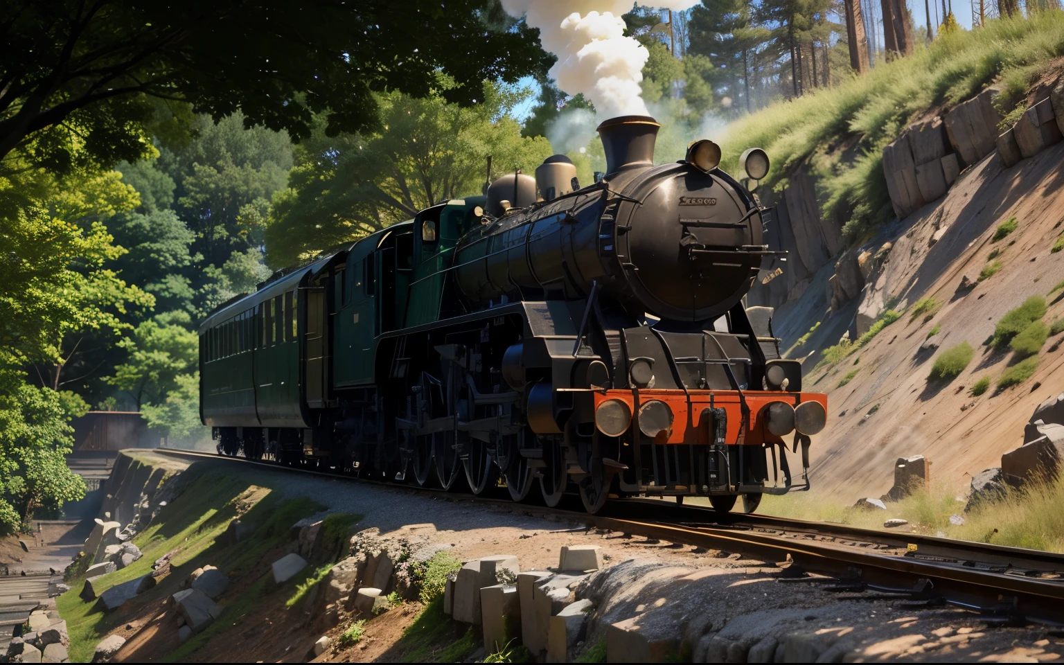 forest，steam locomotive，HD，blue sky，