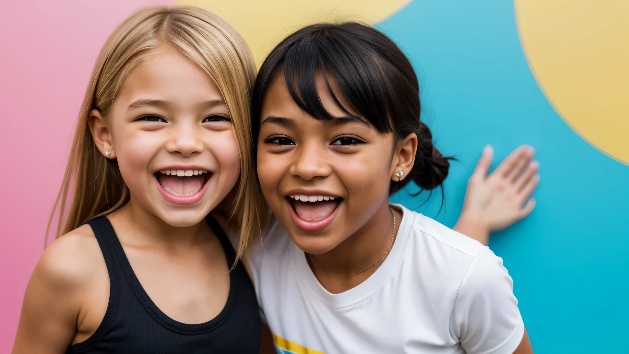 KIDS GIRL BLONDE long hair with a black face and a black face with a black face, evil crazy laugh, blue oil background.