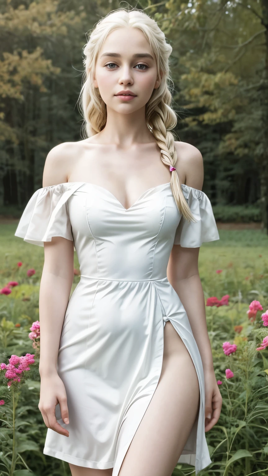 Masterpiece, realistic, High resolution, 8K Resolution. BREAK one beautiful girl, (16 years old), (face of teenage Emilia Clarke:1.2 , young), (very young:1.2). BREAK french braid, white hair, beautiful young face, cute, serious face, blue eyes. BREAK ( white dress, off-shoulder, slit, knee long, cleavage, silk dress)BREAK medium breast, sexy legs, long legs,pale skin, skin imperfections. BREAK standing, in a garden of ancient building, scenery