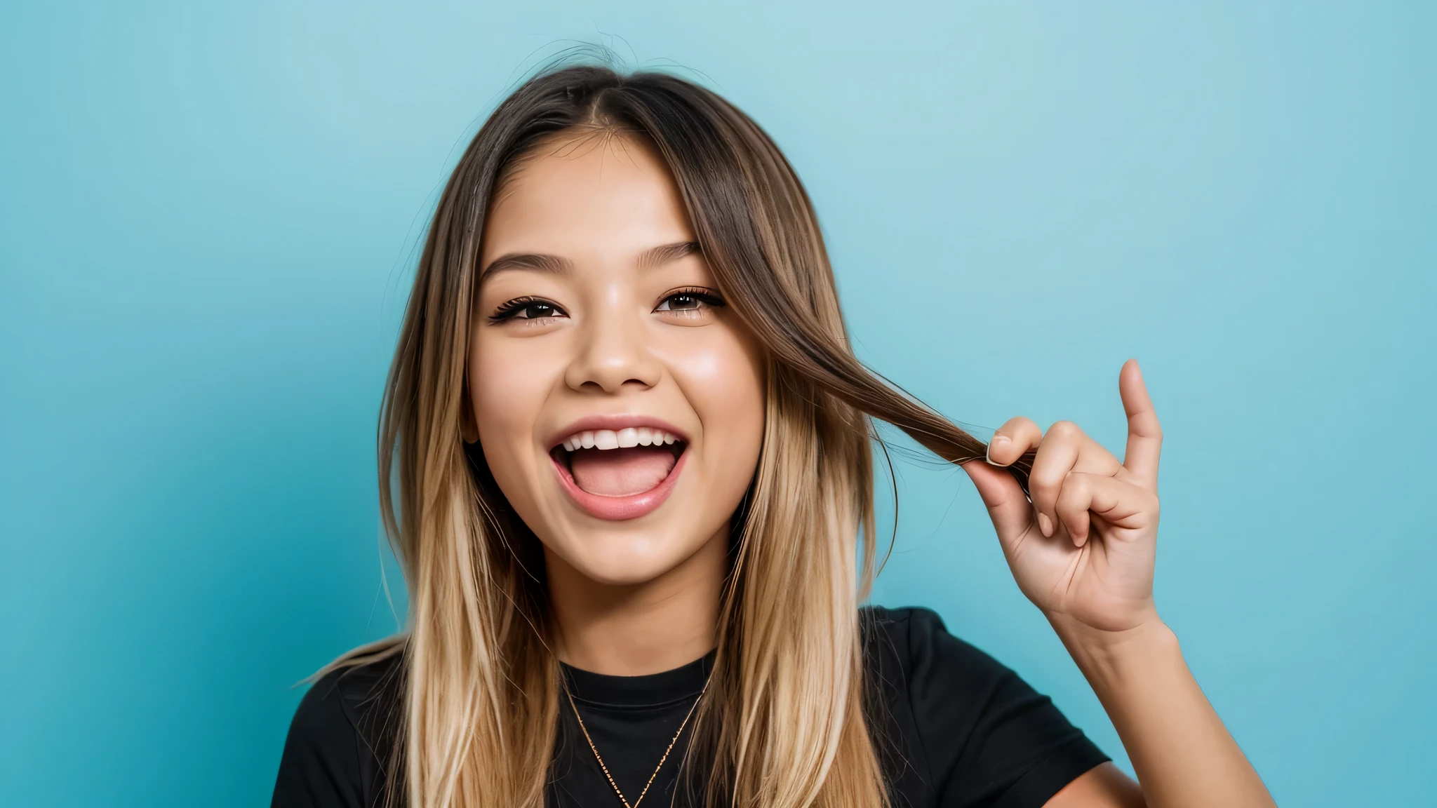 KIDS GIRL BLONDE long hair with a black face and a black face with a black face, evil crazy laugh, blue oil background.
