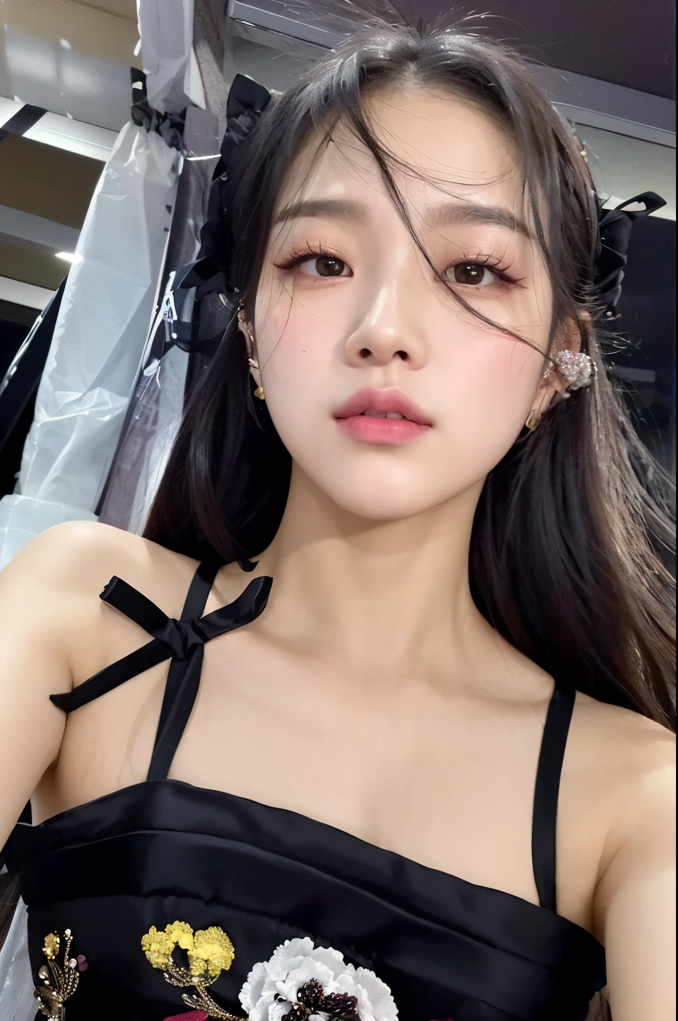 a close up of a woman with long hair wearing a black dress, jisoo from blackpink, jisoo of blackpink, portrait jisoo blackpink, jossi of blackpink, ulzzang, wan adorable korean face, 8k selfie photograph, sha xi, heonhwa choe, jinyoung shin, dilraba dilmurat, beautiful south korean woman, jia, korean girl