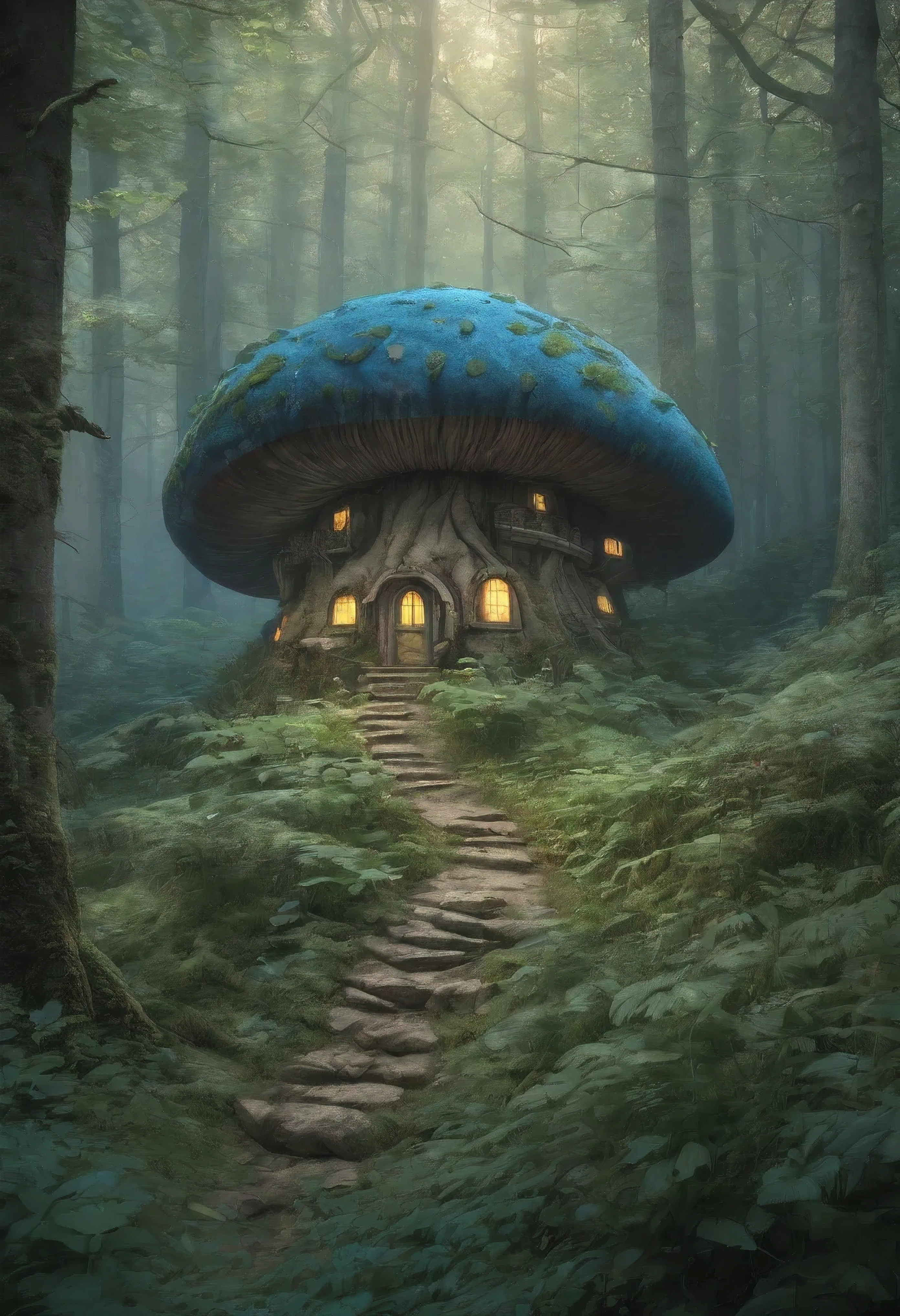 last inn within sight, surrounded by&#39;a giant forest of blue and green mushrooms