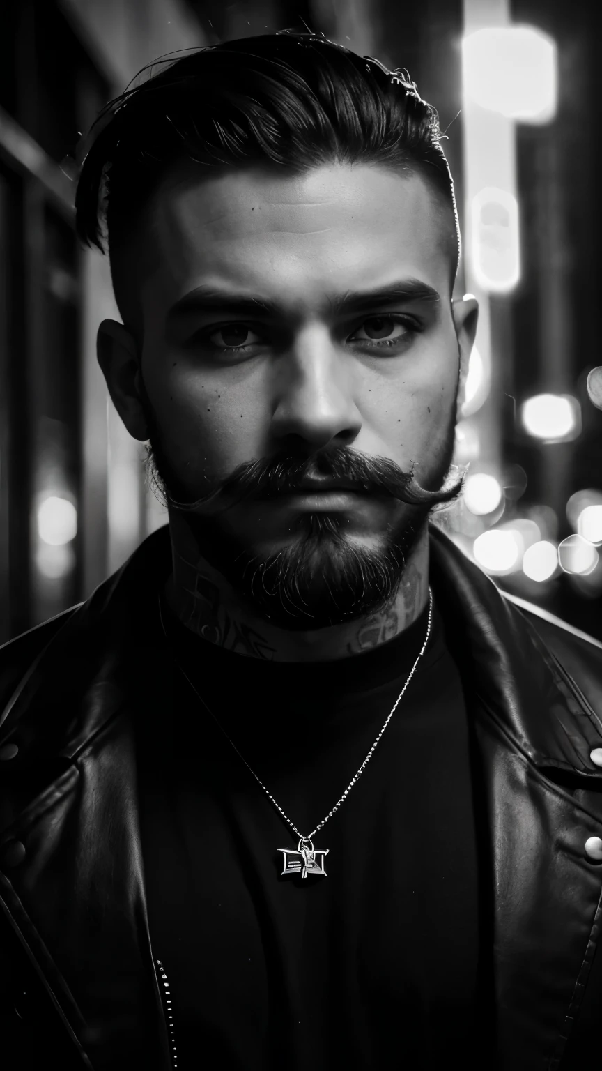 "(best quality,highres,ultra-detailed:1.2),portrait,black and white,street art,edgy,urban,graffiti style,cool lighting,confident expression,stylish clothes,urban fashion,city vibes,hipster,swagger,gritty atmosphere,shadows,detailed facial features,beard and mustache,piercing eyes,intense gaze"