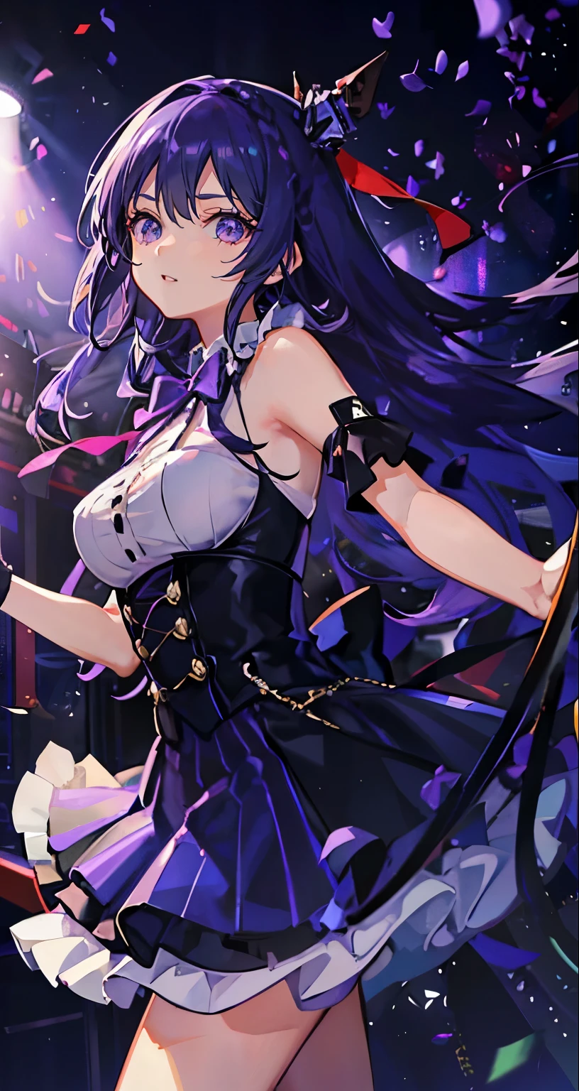 (muste piece), (best quality), very detailed, ((1 girl)), solo focus,Low - Angle,dynamic,jump,((A big smile)),wink,perfect face, beautiful face, very detailedな顔,(Purple hair long hair_purple eyes:1.3),idol costume,solo idol,Ribbon hair ornament,concert dome,live,have a microphone,singing,Smiling with mouth wide open,Laser Light,Spotlight,confetti