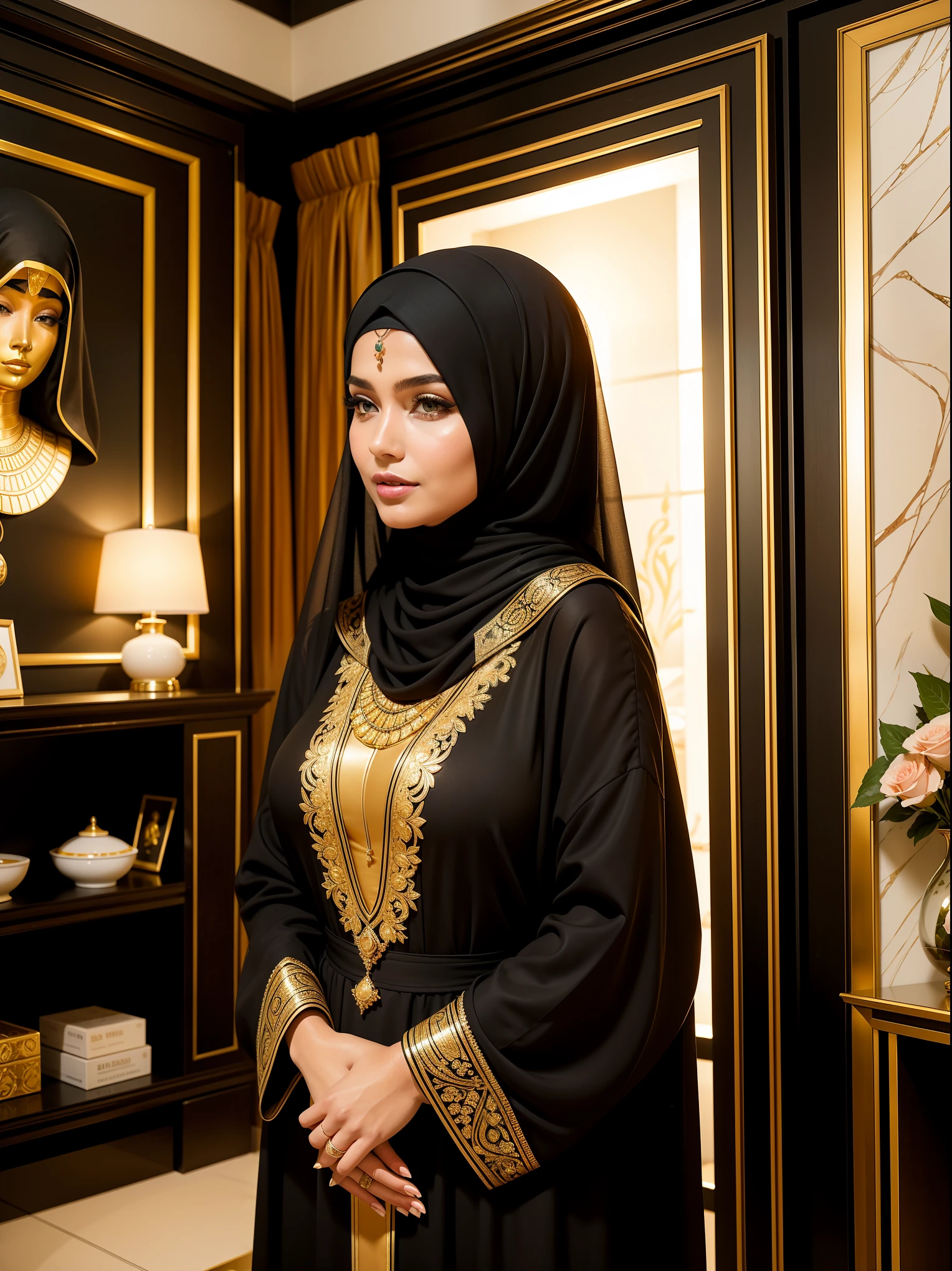 a mother of two children who is confident and elegant. She is wearing a traditional Egyptian Abaya, which is see-through and showcases her curvaceous figure. The store is well-lit, highlighting her beauty and emphasizing her optimistic attitude. The artwork is of the highest quality, with ultra-detailed features and vibrant colors. The medium used is a realistic oil painting, capturing her essence and showcasing her grace. The color tone of the artwork is warm, with golden hues and soft lighting, adding to the overall ambiance of the scene.