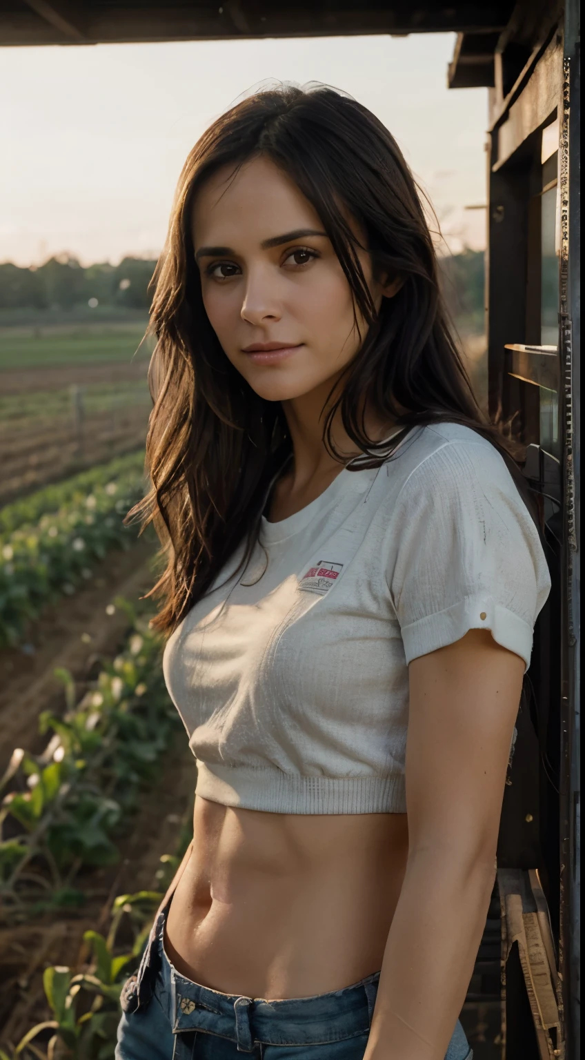 Masterpiece, Highest Quality, Ultra-Detailed, Hyper-Real, Jordana Brewster, Real life, he work at farming land, Perfect Face, FOTO FRONTAL, cinematic lighthing, full body,