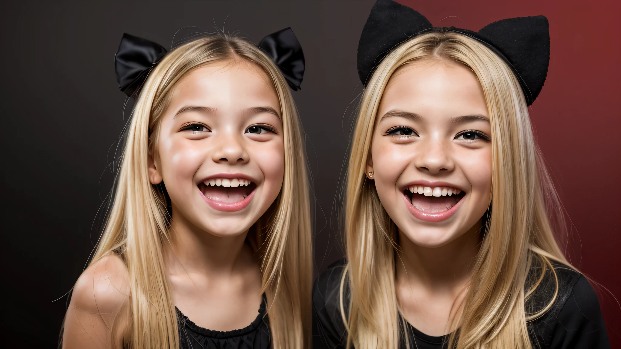 KIDS GIRL BLONDE long hair with a black face and a black face with a black face, evil crazy laugh, red oil background.