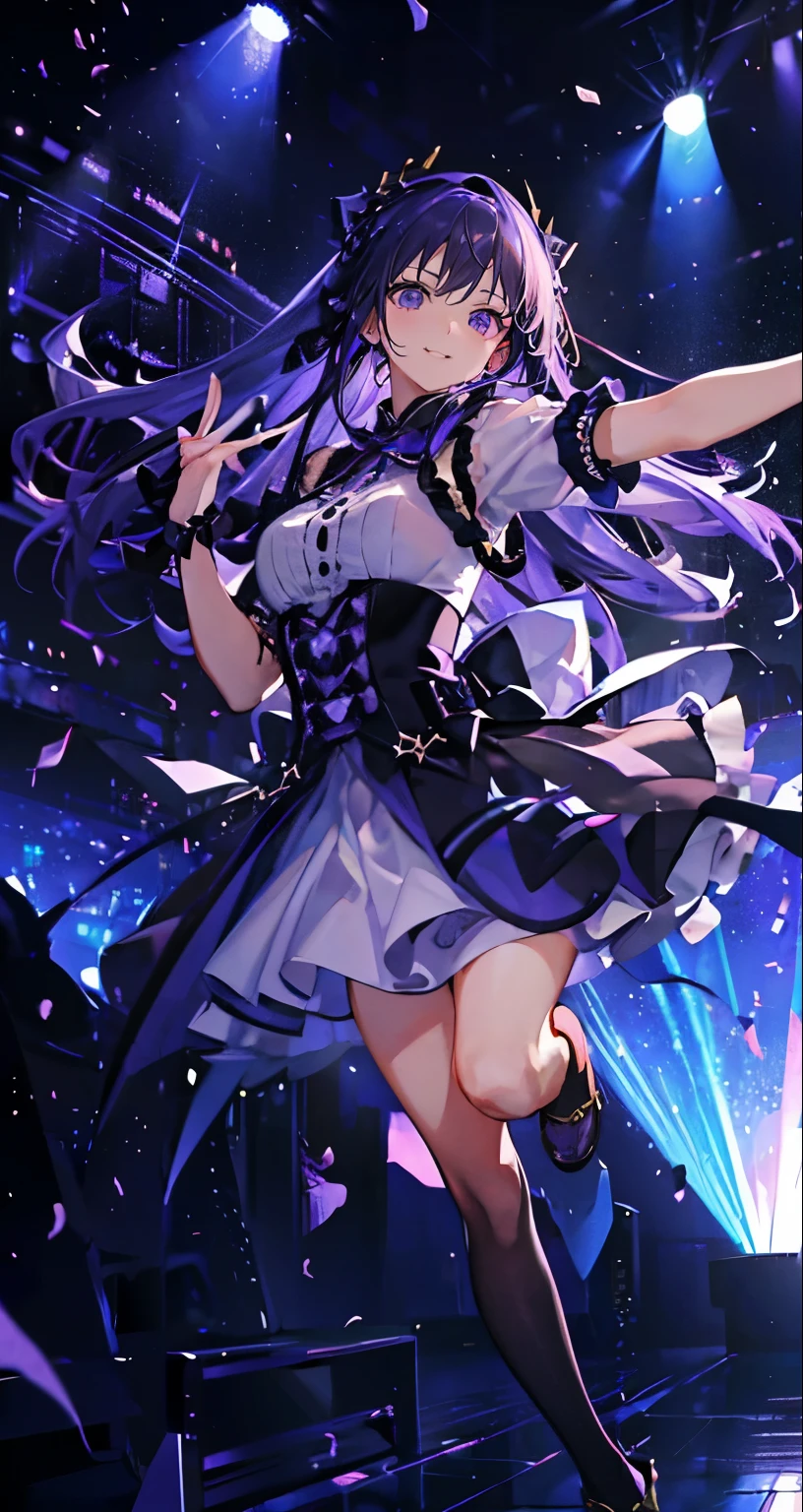 (muste piece), (best quality), very detailed, ((1 girl)), solo full body shot，Low - Angle，dynamic，jump，((A big smile))，wink，perfect face, beautiful face, very detailedな顔，(Purple hair long hair_purple eyes:1.3)，idol costume，solo idol，Ribbon hair ornament，concert dome，live，have a microphone，singing，Smiling with mouth wide open，Laser Light，Spotlight，confetti