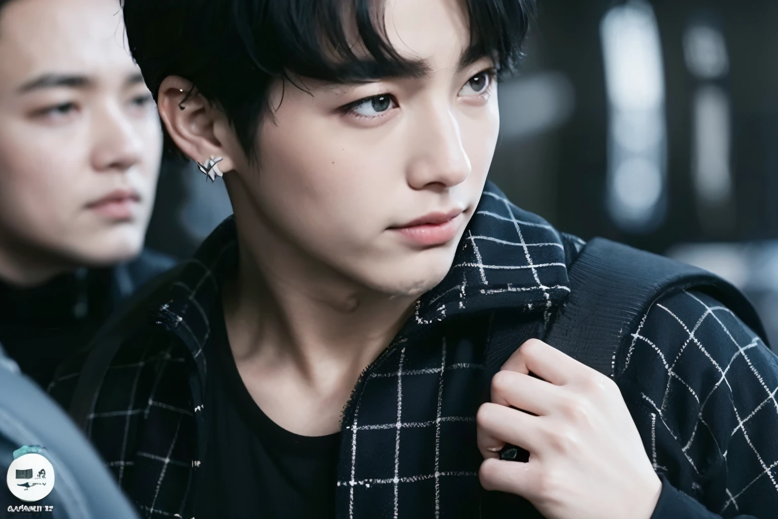 un primer plano de una persona con una mochila y una persona con una mochila, jungkook, yoongi de pelo negro, pale korean adorable face, ironic smile, young pale angel, sus ojos parecen sabios, ojos pesados hacia un lado, hyung tae, lindos ojos redondos rasgados, diez lee, ( ( ojos negros profundos ) ), El chico tiene el pelo negro corto.