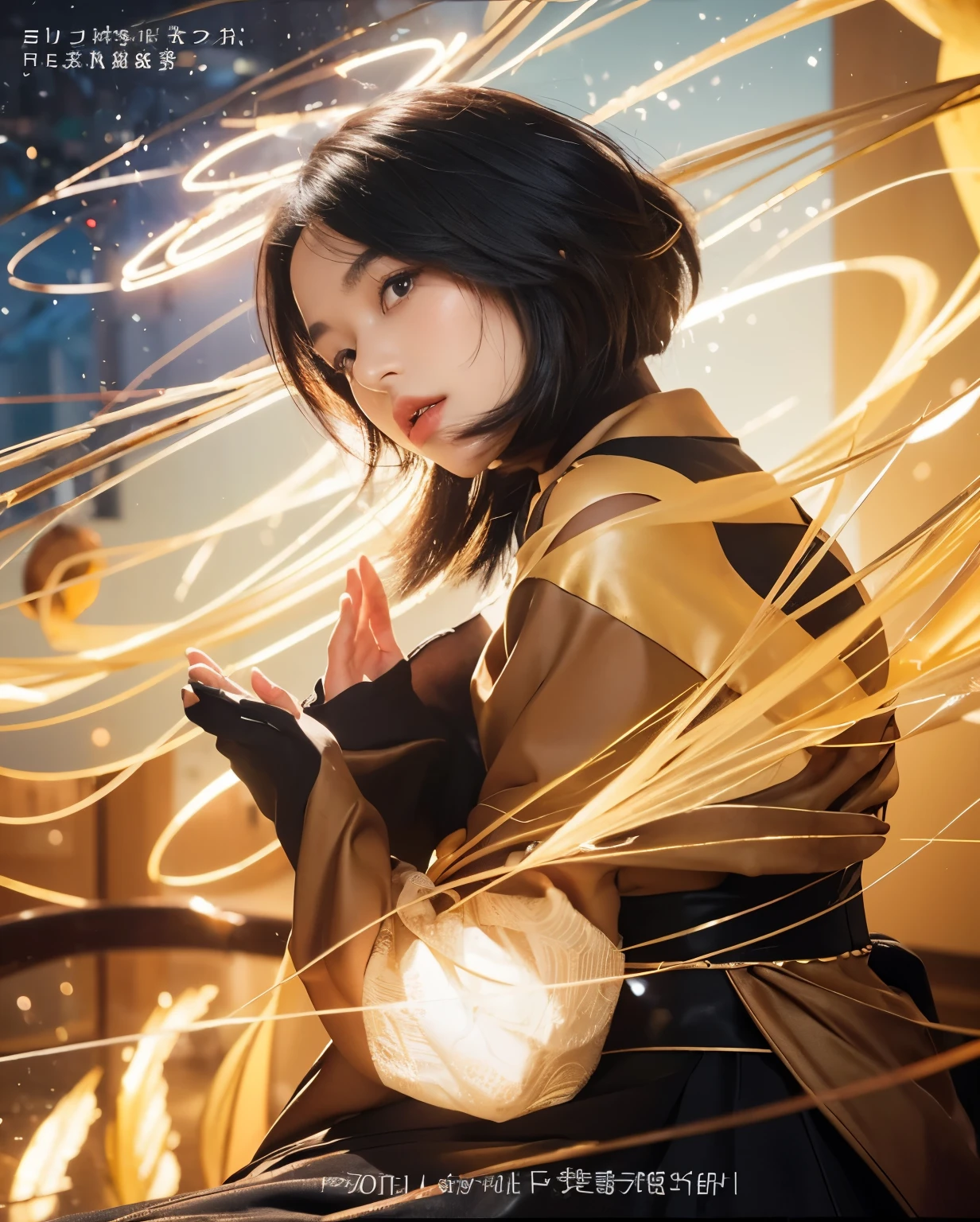 (Best quality, 8k, 32k, Masterpiece, UHD:1.2) "Generate a captivating artwork featuring a young Japanese girl model with short, sleek black hair styled in a chic bob haircut. Envision her bathed in dramatic cinematic lighting, creating an atmosphere of allure and mystery. Emphasize a romantic aesthetic vibe, showcasing the model in a poised and elegant pose that evokes a sense of intimacy and sophistication. Utilize warm and soft tones to enhance the romantic ambiance, and consider incorporating elements like flowing fabrics or flowers to add a touch of ethereal beauty. Capture the essence of romance and beauty through the model's expression, the play of light and shadows, and the overall aesthetic, creating a visually compelling and emotionally resonant piece." (perfect eyes), flawless skin, flawless face, cinematic, tight body, ((well-proportion female hands)), ((female hands with five digits)) ((Body is well proportioned)), ((chic bob haircut))