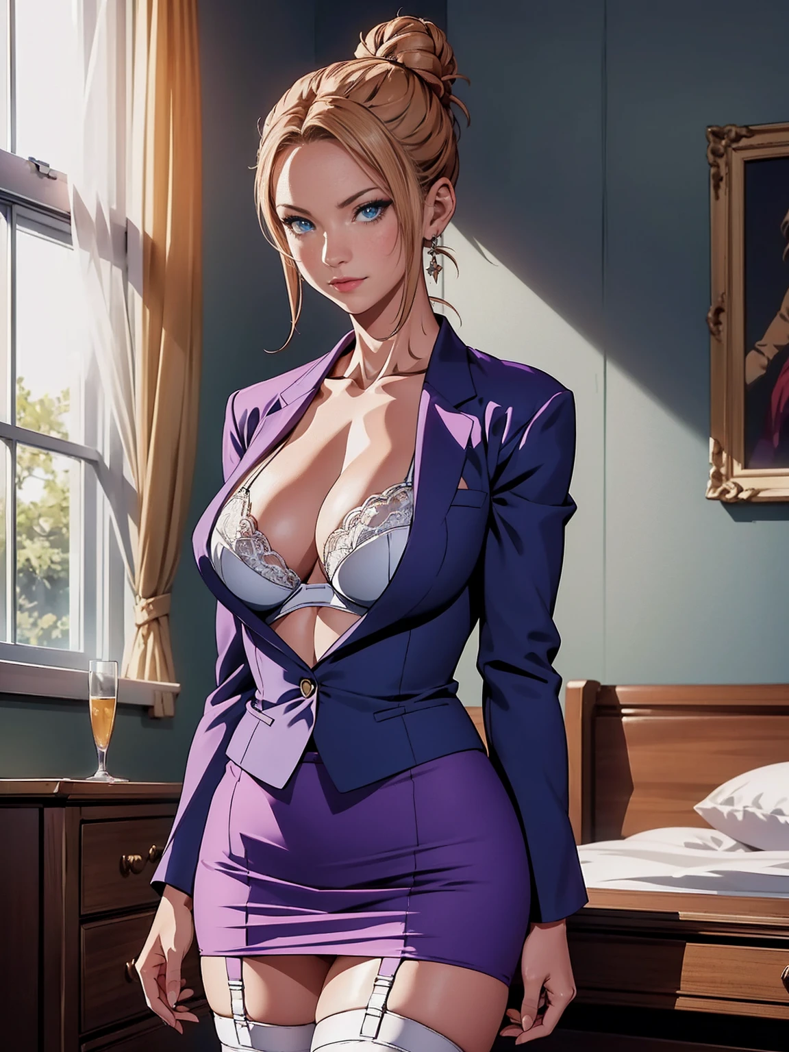 (((1girl, solo, Reina Morimoto, morimoto_reina, (blue eyes, hair bun, high bun of hair), lipstick, (purple suit, purple skirt, white bra pencil skirt, suit with yellow details), cleavage, masterpiece, best quality, 1girl garter belt, mature woman, white thigh stockings))), red high heels, malicious looks, mole on the face, sensual pose, oily, wet body, transparent, ((muscular with abs,lace lingerie, navy blue lingerie, standing, in a suite, wealth, luxury, majestic, wall with pictures, bright room, windows)), view, , fitness, standing in a room, Beautiful