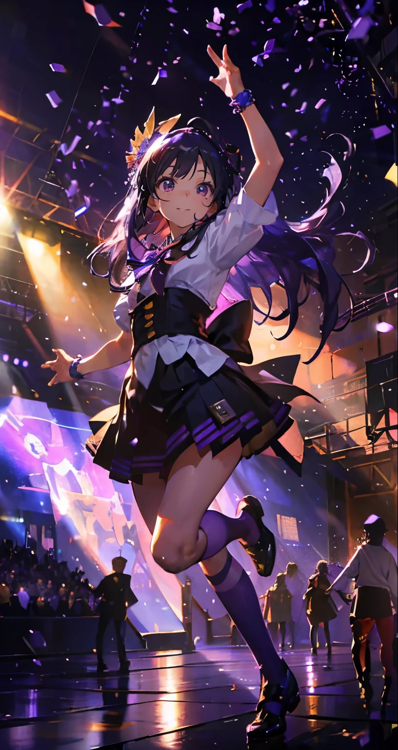 (muste piece), (best quality), very detailed, ((1 girl)), solo full body shot,Low - Angle,dynamic,jump,((A big smile)),wink,perfect face, beautiful face, very detailedな顔,(Purple hair long hair_purple eyes:1.3),idol costume,solo idol,Ribbon hair ornament,concert dome,live,have a microphone,singing,Smiling with mouth wide open,Laser Light,Spotlight,confetti