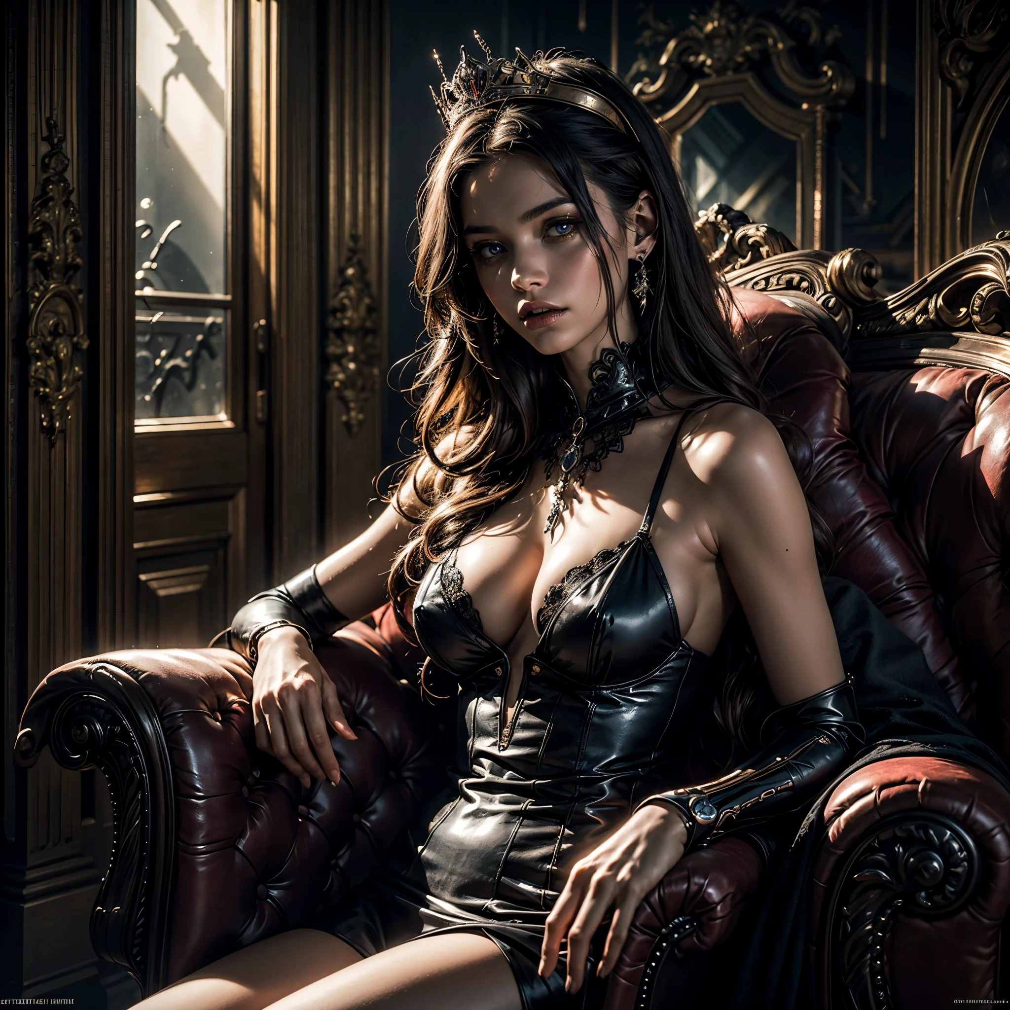 (best quality,4k,8k,highres,masterpiece:1.2),ultra-detailed,(realistic,photorealistic,photo-realistic:1.37),vampire biomechanical girl,beautiful detailed eyes,beautiful detailed lips,extremely detailed eyes and face,long eyelashes,[naked breast],sit on a throne,[wearing a crown],[lingerie],Giger Castle foreground,mechanical elements,gothic atmosphere,dark shadows,dramatic lighting,horror style,gritty textures,steel-like materials,subdued color palette,ethereal glow,macabre setting,mysterious aura