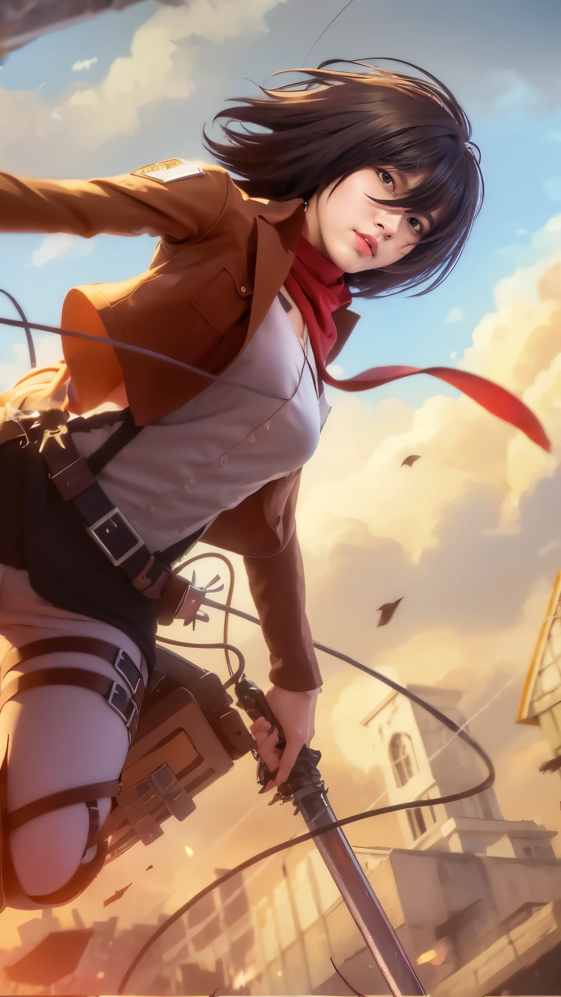 (highly detailed body, highly detailed face, best quality:1.2) ,A Woman, look at viewer, high detailed face, beautiful color, magnificent quality, detailed eyes, detailed face, detailed hair, accurate face, accurate hair, 8k, Mikasa, Masterpiece, Best quality, A high resolution, Short hair, Black eyes, Scarf, emblem, belt, thigh band, Red scarf, White pants, Brown jacket, Long sleeves, holding weapon, sword, dual wielding, Three-dimensional electric gear, Arms spread wide, standing on one leg, Wide shot, sky, Highest quality, high resolution.