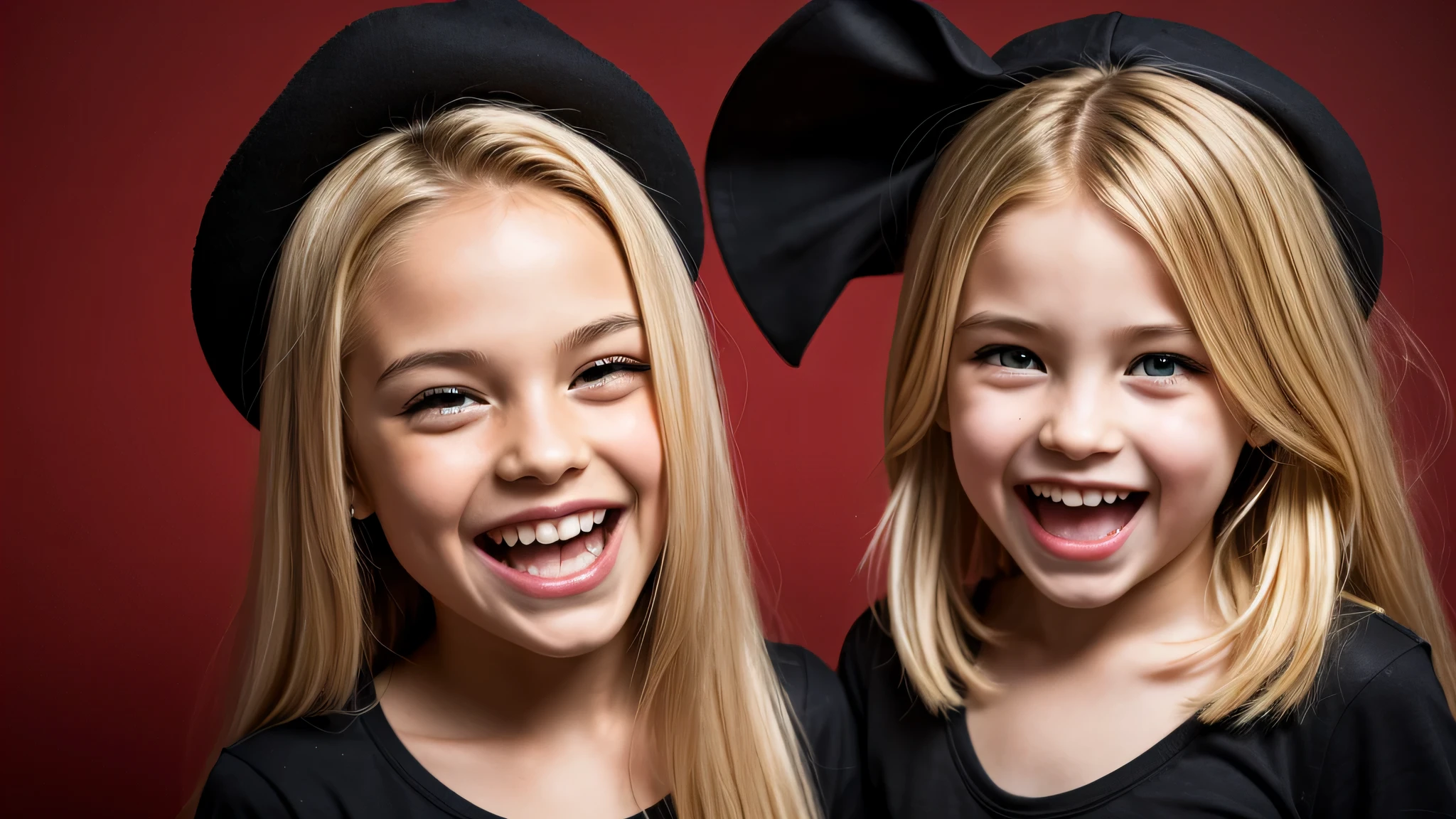 KIDS GIRL BLONDE long hair with a black face and a black face with a black face, evil crazy laugh, red oil background.