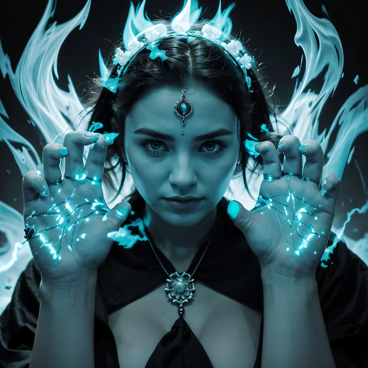 Spiritual energy in a turquoise color with black and white details. Like flames around your hands