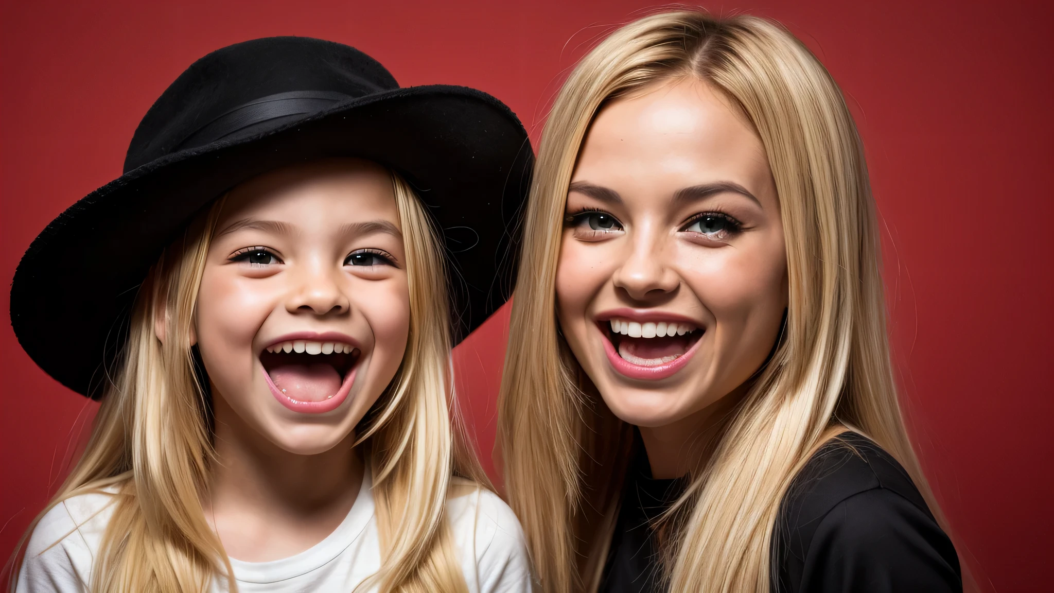 KIDS GIRL BLONDE long hair with a black face and a black face with a black face, evil crazy laugh, red oil background.