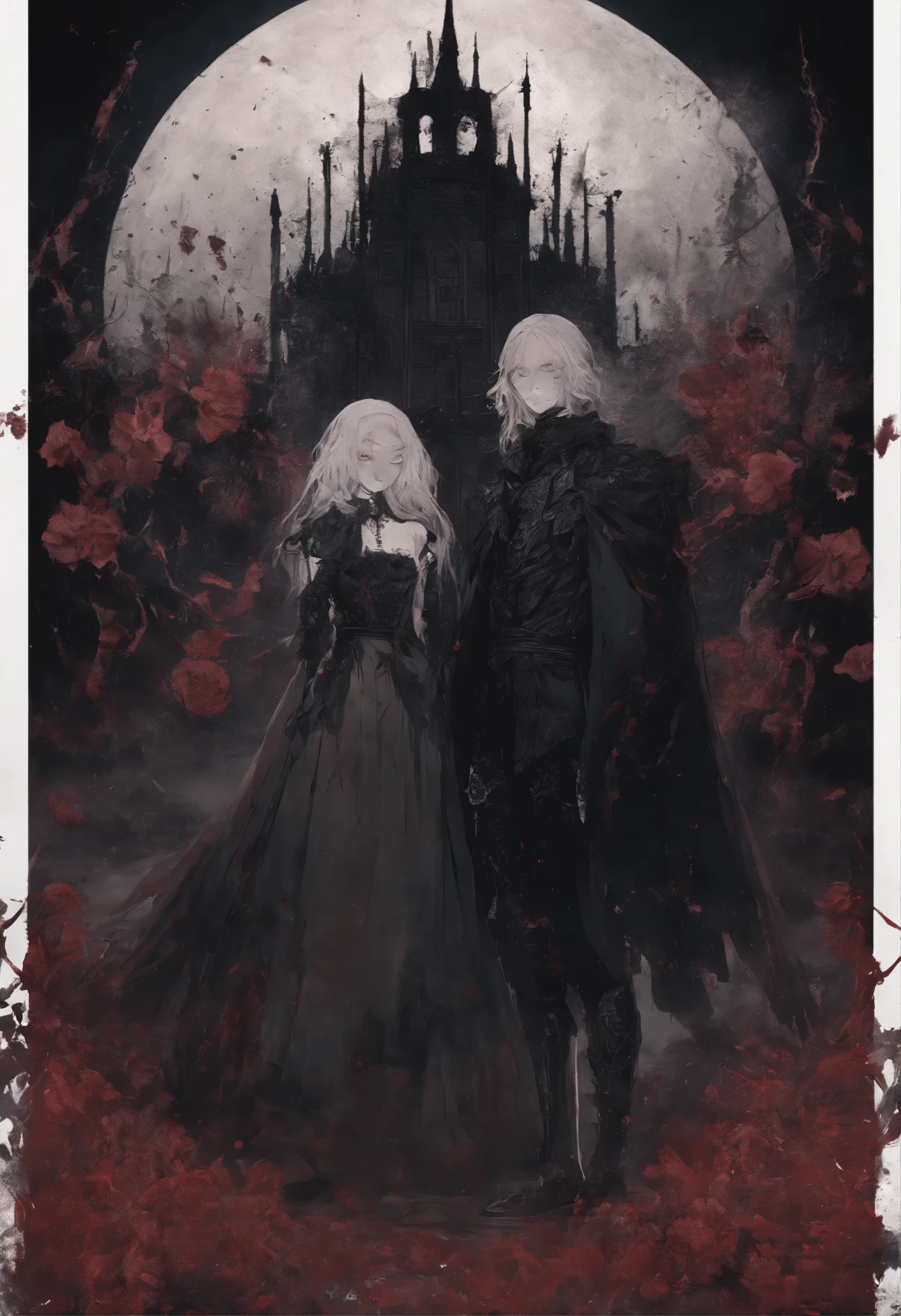 Genshin style, aether and lumine, standing on a flower field covered in blood, official artwork, Far away, Dark and gritty, CG, art