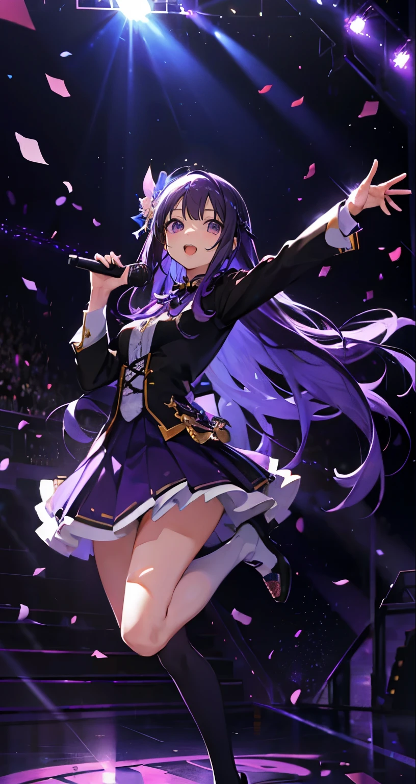 (muste piece), (best quality), very detailed, ((1 girl)), solo full body shot,Low - Angle,dynamic,jump,((A big smile)),wink,perfect face, beautiful face, very detailedな顔,(Purple hair long hair_purple eyes:1.3),idol costume,solo idol,Ribbon hair ornament,concert dome,live,have a microphone,singing,Smiling with mouth wide open,Laser Light,Spotlight,confetti
