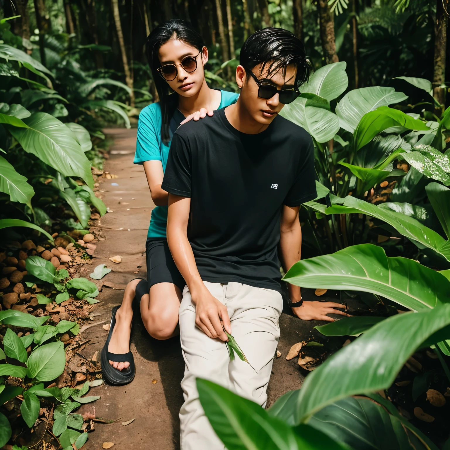 there is a typical Indonesian masterpiece, there is a 20 year old teenager wearing a black t-shirt that says "ANDRE" who is dating intimately, with a 19 year old girl wearing a very thin, transparent white shirt, taking a walk in the forest, both of them lying down, on banana leaves , there are lots of ants next to it, there are snakes, there are eggplants, there are cucumbers, there are condoms, shades of drizzle, wet effect, photorealistic, detailed