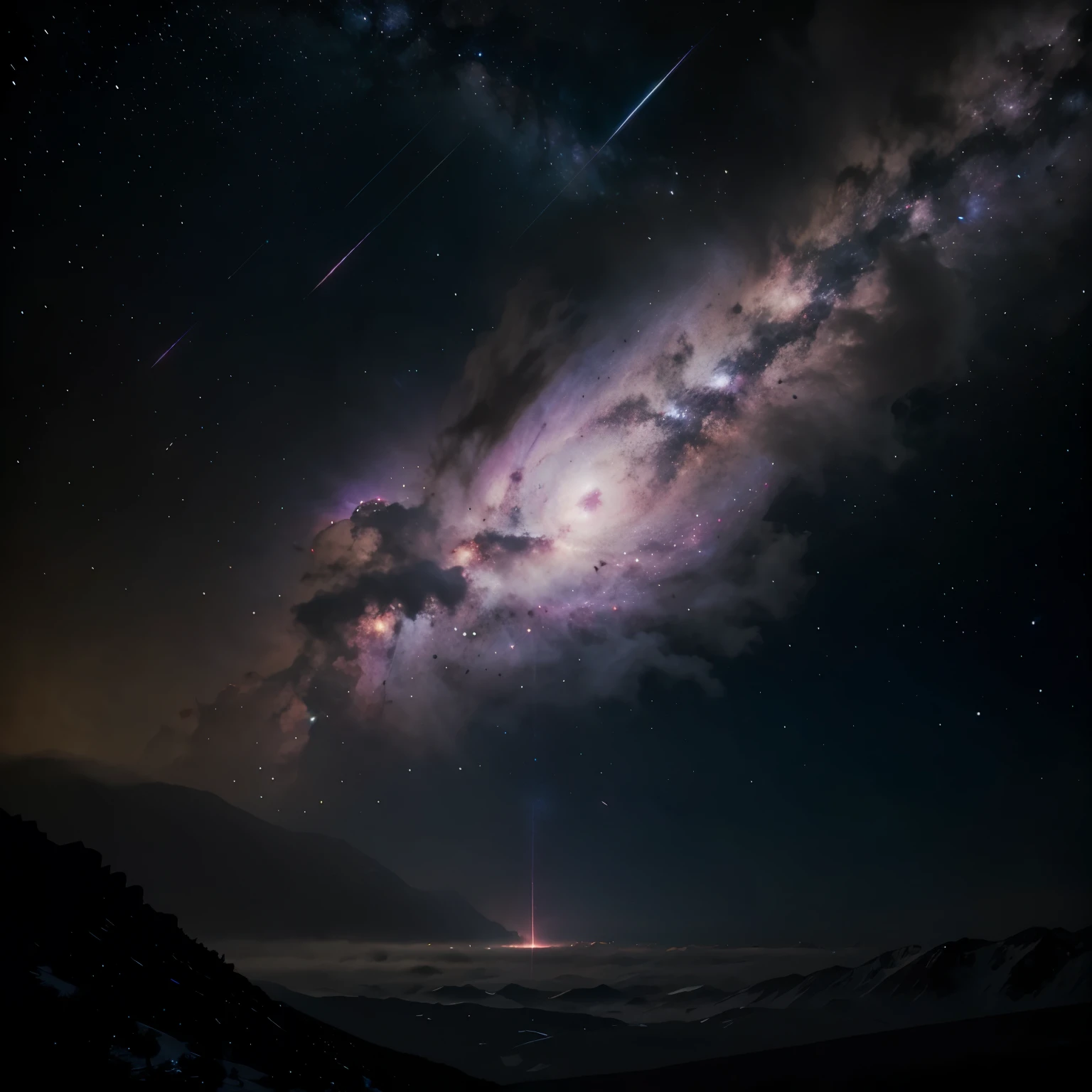 Stunning shot of the Orion Nebula, shining pink, purple and blue colors, stars surrounded by bright gas clouds, a bright star is visible in the center surrounded by flickering cosmic dust, highest quality photographic rendering