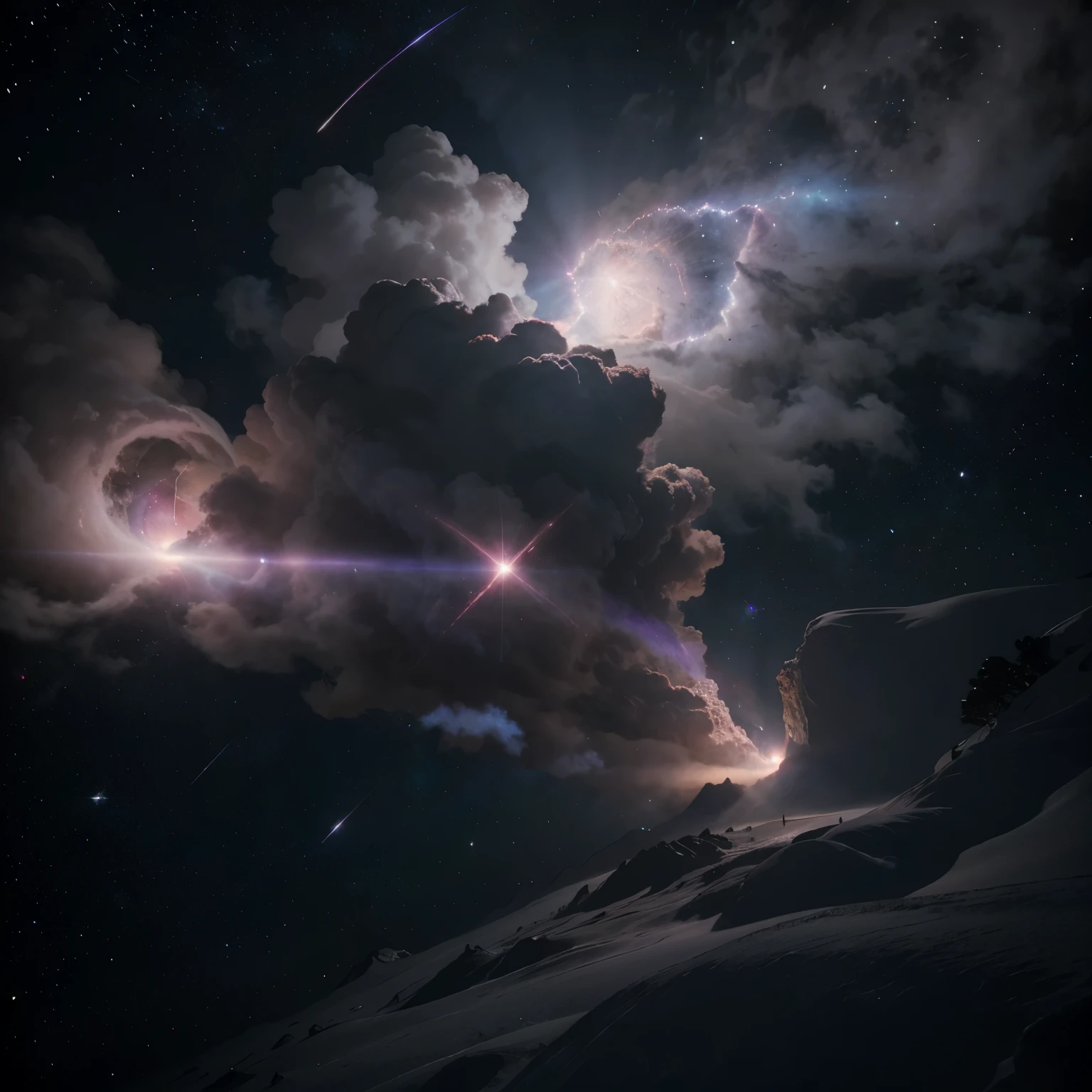 Stunning shot of the Orion Nebula, shining pink, purple and blue colors, stars surrounded by bright gas clouds, a bright star is visible in the center surrounded by flickering cosmic dust, highest quality photographic rendering