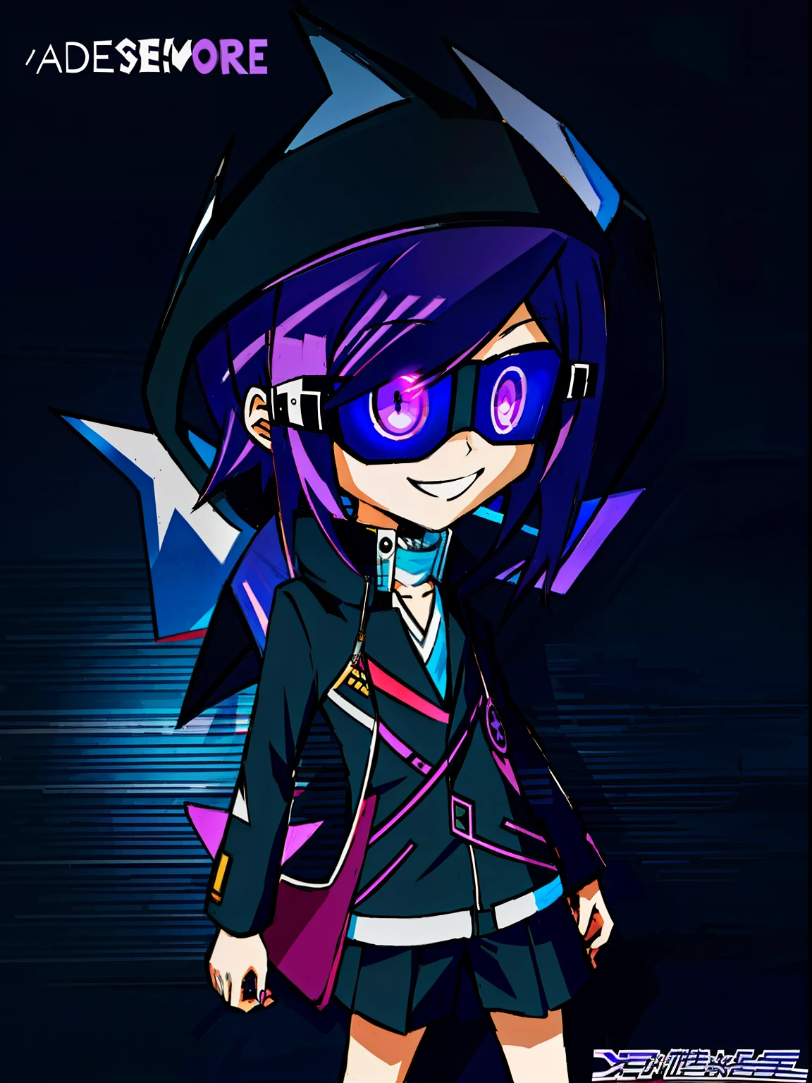 purple eyes、Anime character in black coat and purple hair, 2D anime style, giggle, a two-dimensional style, gloomy style, Two-dimensional art, Two-dimensional art, 2D gorilla, heroes 2d fan art artstation, Danganronpa digital art, an edgy teenage assassin, cytus and deemo styles