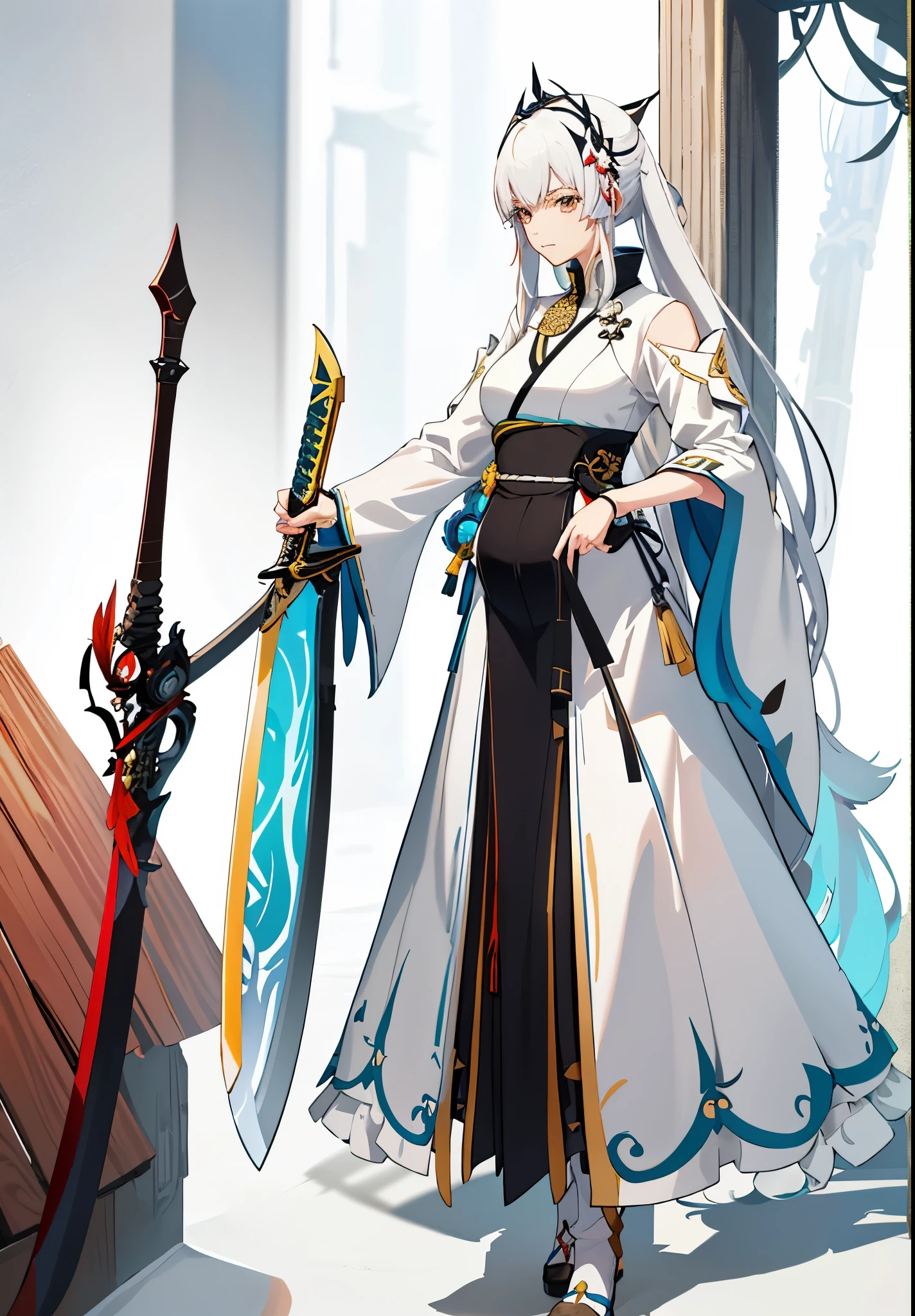 a woman in a dress holding a sword and a sword, video game character, from arknights, fox nobushi holding a naginata, hajime yatate, keqing from genshin impact, white haired deity, with large sword, ayaka genshin impact, female action anime girl, official character art, anime character, pregnant anime girl, fetus