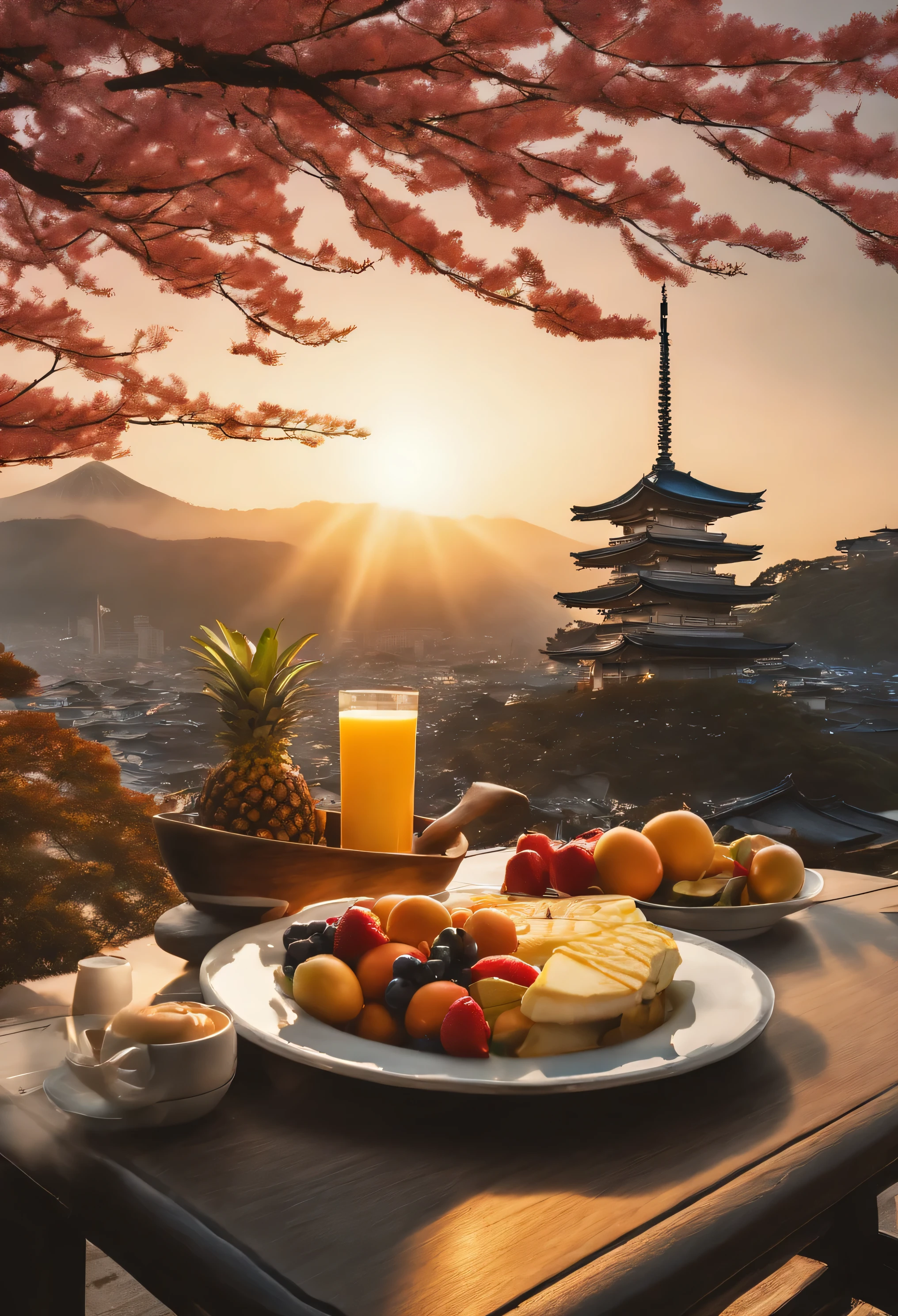 breakfast in japan near a temple, giant statue of Nichiren Daishonin in background, cherry trees, at sunrise, outdoors. masterpiece, best quality, super detailed, high resolution, very detailed, 8k uhd, (fidelity, fidelity: 1.5), (natural light), amazing, photon mapping, radiosity, amazing physically based rendering, fine detail, best, high quality, raw photos, (Masterpiece, Top quality, Best quality, Beautiful and aesthetic:1.2), Extremely detailed, highest details, sunrise, There is a bouquet on the table, Cups of coffee, Vases with fruits, berries, pineapples,bananas,strawberries. exotic fruits on the table, eggs on the table, the most fantastic breakfast foods on the table. misty morning fog, radiant light shinning in. 8k