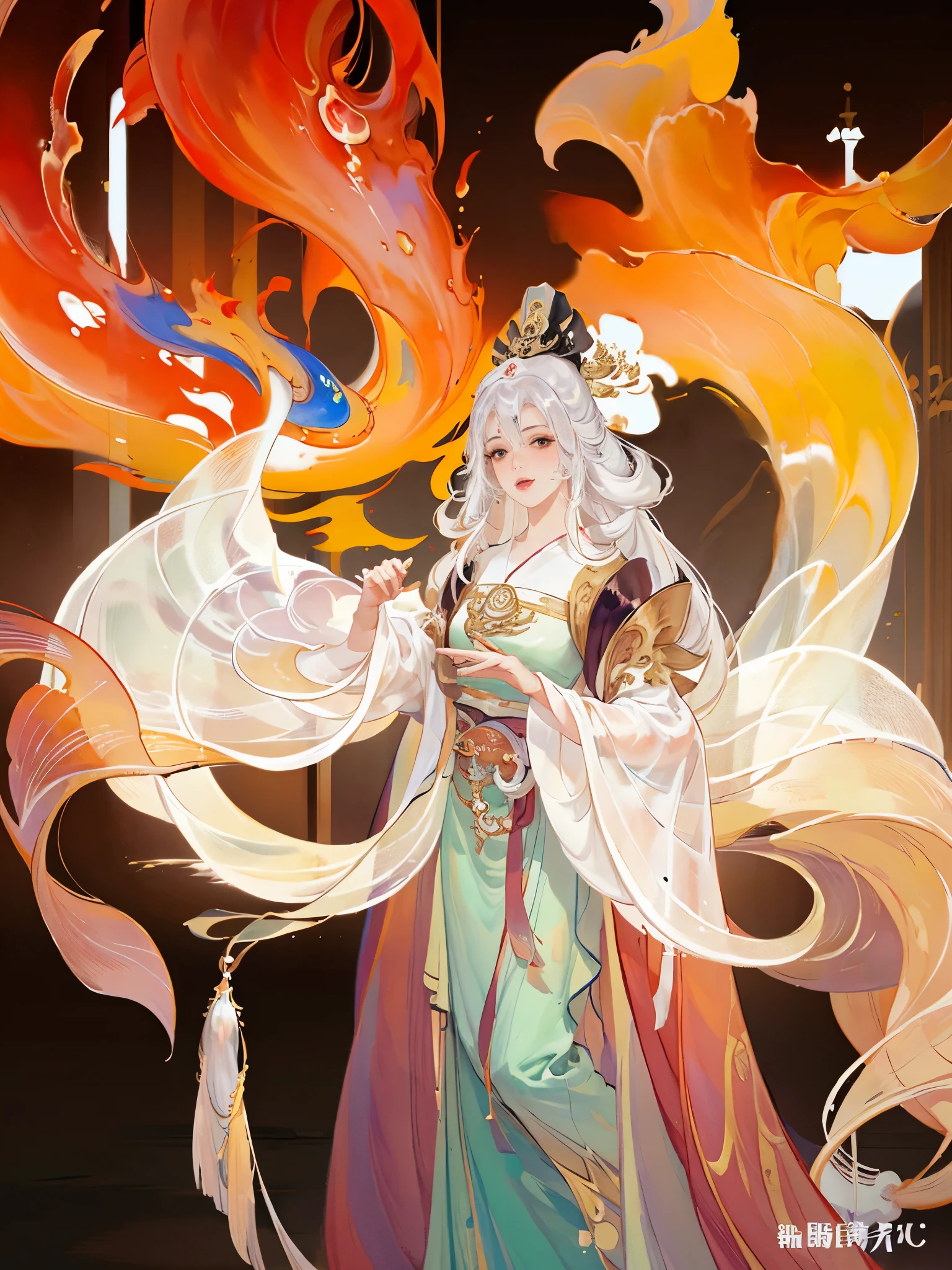The whole body of the character,best quality, ultra high resolution, (((1 girl))),(long white hair), game character, old palace, hanfu, yarn, 流动的yarn布, jewelry, (focus), (((colorful))),(sketch:0.8) , masterpiece, best quality, beautiful painting, meticulous,(Denoise:0.6), Very detailed, (masterpiece, best quality) CG unified 8K wallpaper,masterpiece,best quality at best,super detailed), Ultra HD quality