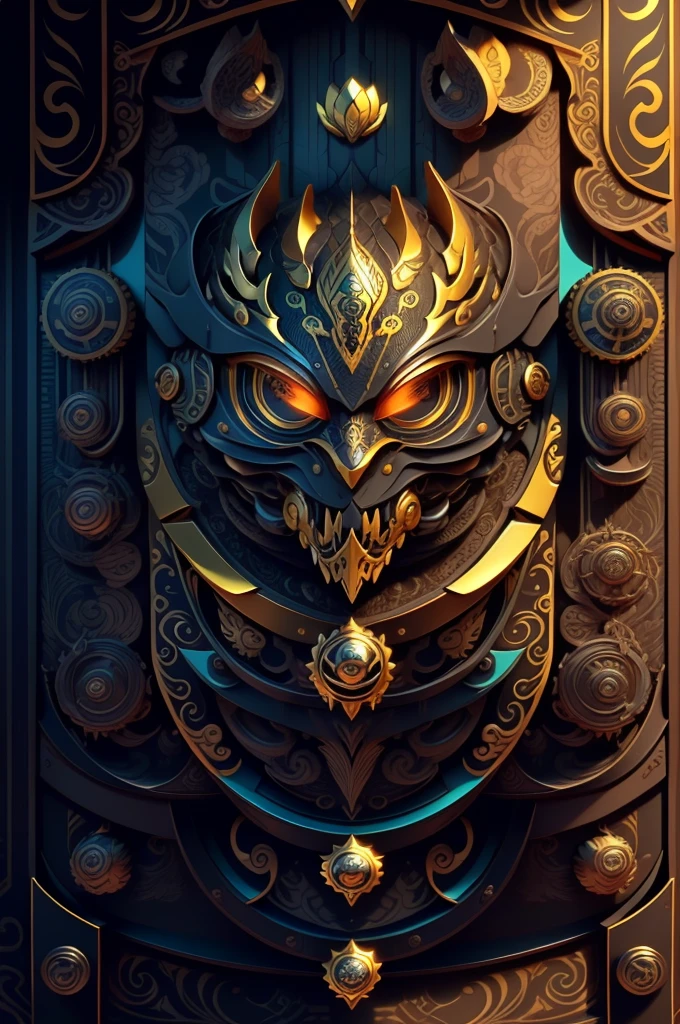 robbot, extremely detailed and intrincate design, coat of arms. Colorful line art, fractal like, tattoo like design on the robbot. Golden and many colours. Some gold wodden lotus around. Black background.