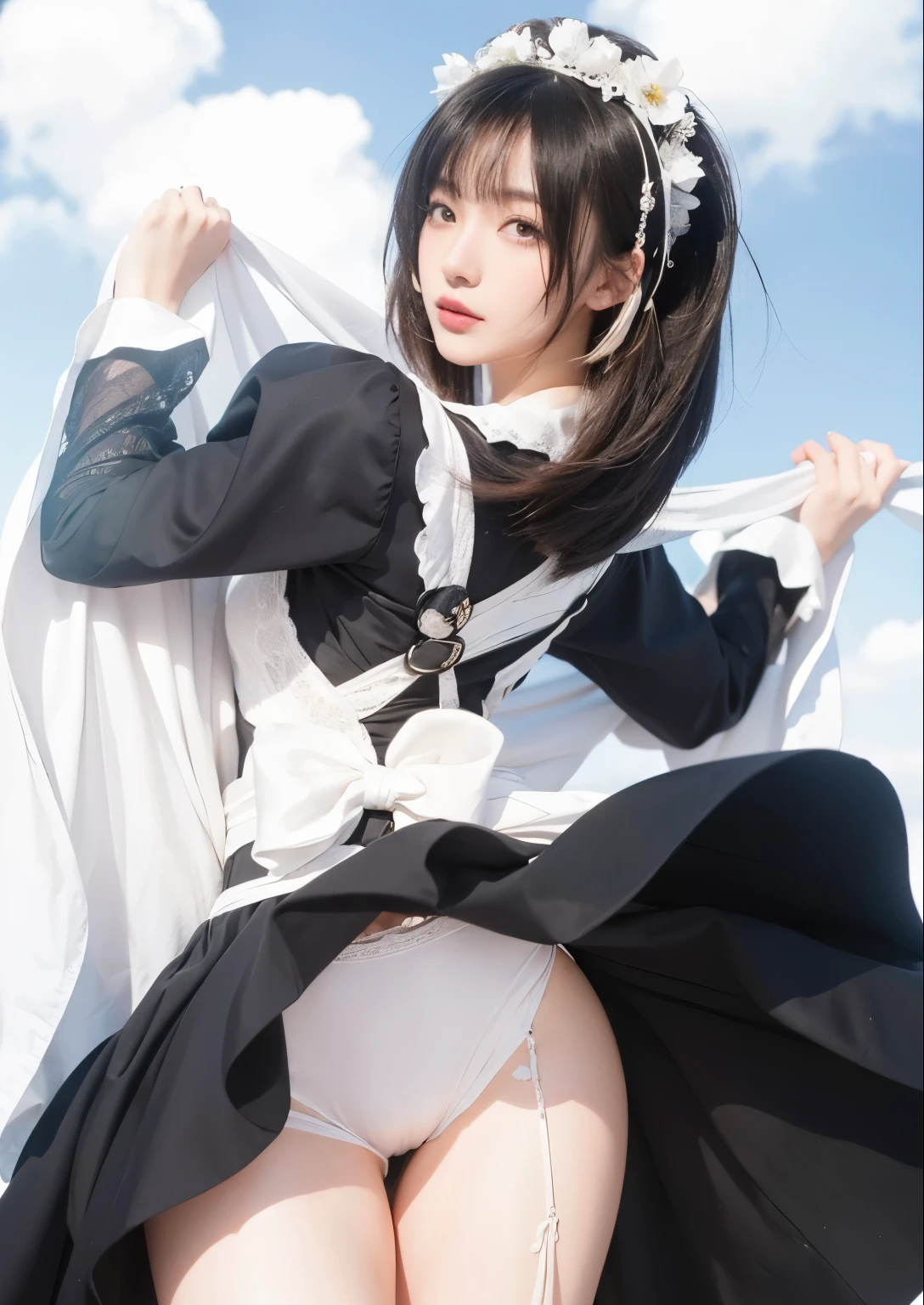 (Best quality, 8k, 32k, Masterpiece, UHD:1.2) "Generate a captivating artwork featuring a young Japanese girl model with short, sleek black hair styled in a chic bob haircut. Envision her bathed in dramatic cinematic lighting, creating an atmosphere of allure and mystery. Emphasize a romantic aesthetic vibe, showcasing the model in a poised and elegant pose that evokes a sense of intimacy and sophistication. Utilize warm and soft tones to enhance the romantic ambiance, and consider incorporating elements like flowing fabrics or flowers to add a touch of ethereal beauty. Capture the essence of romance and beauty through the model's expression, the play of light and shadows, and the overall aesthetic, creating a visually compelling and emotionally resonant piece." (perfect eyes), flawless skin, flawless face, cinematic, tight body, ((well-proportion female hands)), ((female hands with five digits)) ((Body is well proportioned)), ((chic bob haircut)), maid