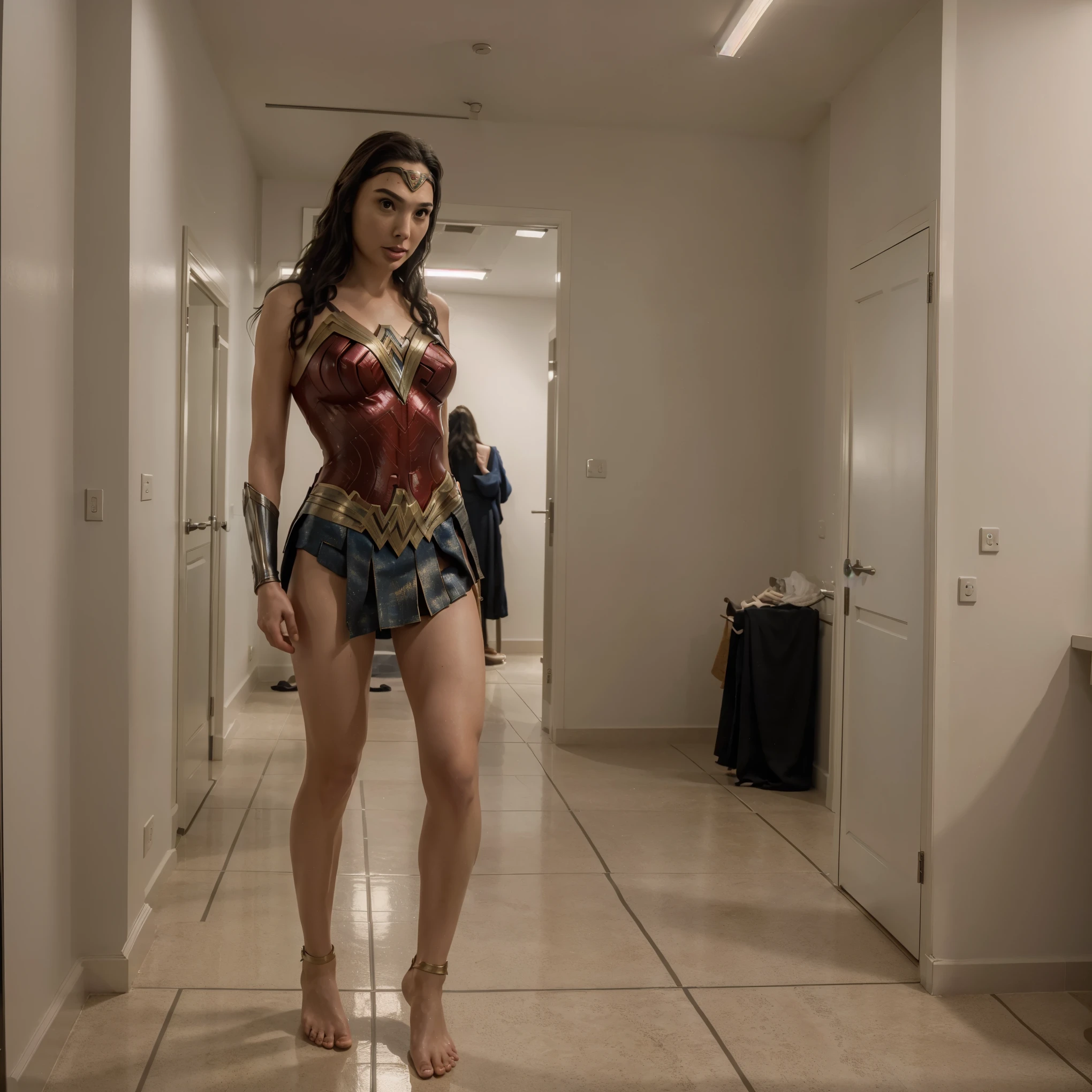 The image shows Gal Gadot, (alone), with the full wonder woman costume, (wonder woman short skirt), in the dressing room corridors, barefoot, photo realistic, (standing), walking through the dressing room corridors, (day photo), 16k, highres, best quality, award winning, masterpiece, anatomically correct