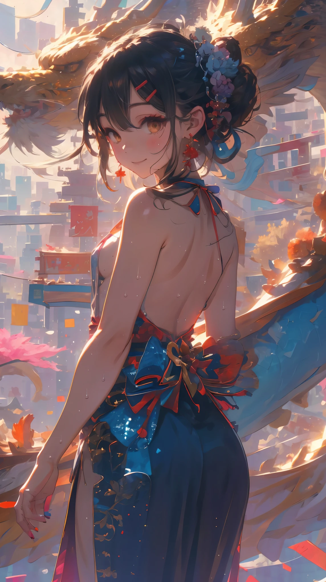 (from behind,back focus:1.4),Dragon and girl,1girl,(Miyu Edelfelt),loli,cameltoe,black hair,brown eyes,seductive smile,solo,big ass,tail,colored skin, jewelry, dress,bare thigh,necklace, bangs, hair ornament, bare shoulders, side ponytail, halterneck, plunging neckline, sidelocks, halter dress, backless outfit, silver dress, nail polish, backless dress, solo, closed mouth, blush, bag, revealing clothes, earrings, hairclip, handbag, sweat, see-through, evening gown, thighs, blue nails, flat_chest, official alternate costume, covered nipples, hair between eyes,, best quality, amazing quality, very aesthetic, absurdres,