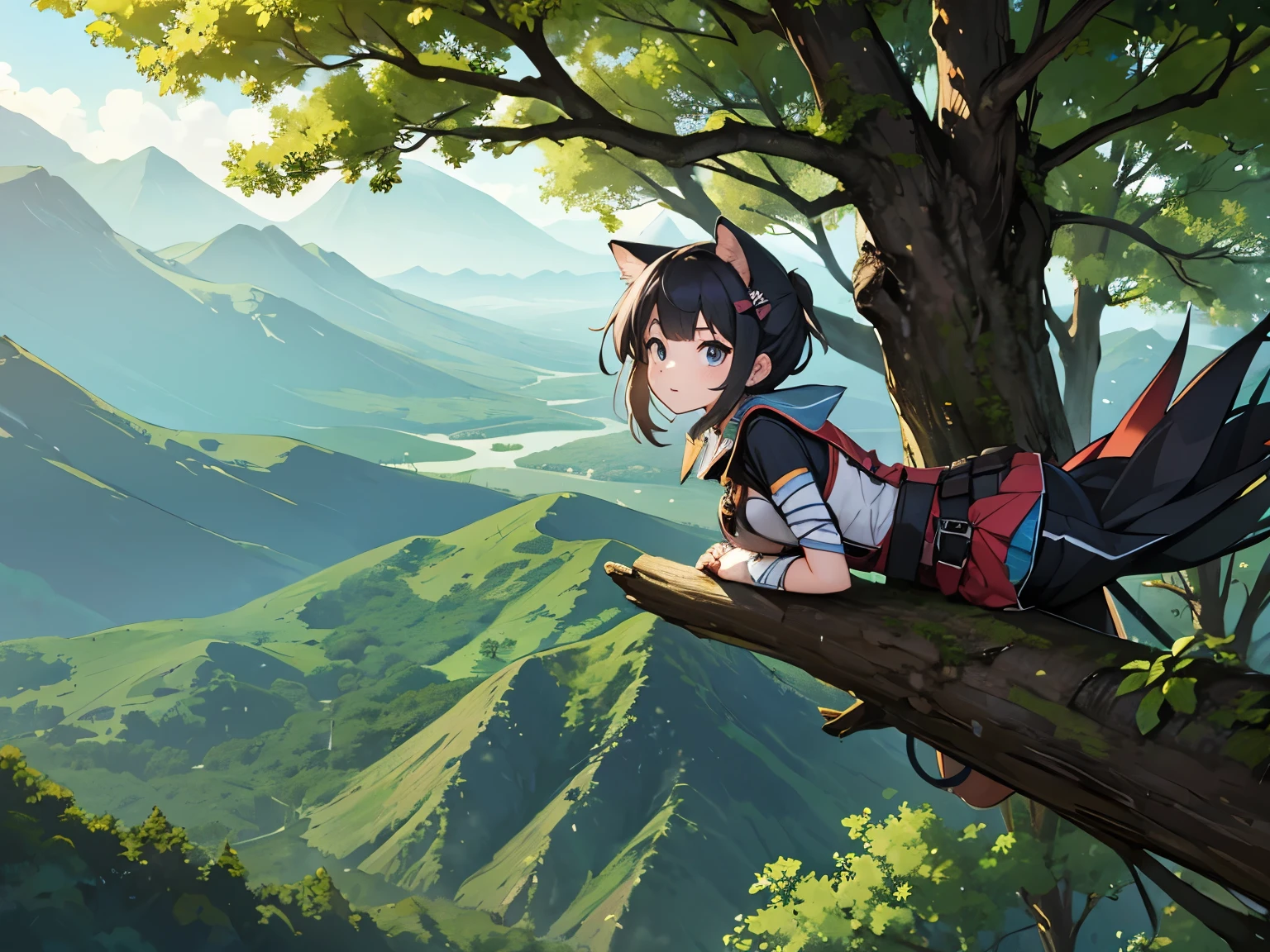 A girl with mischievous personality is looking to the horizon on top of a treehouse on a forest.