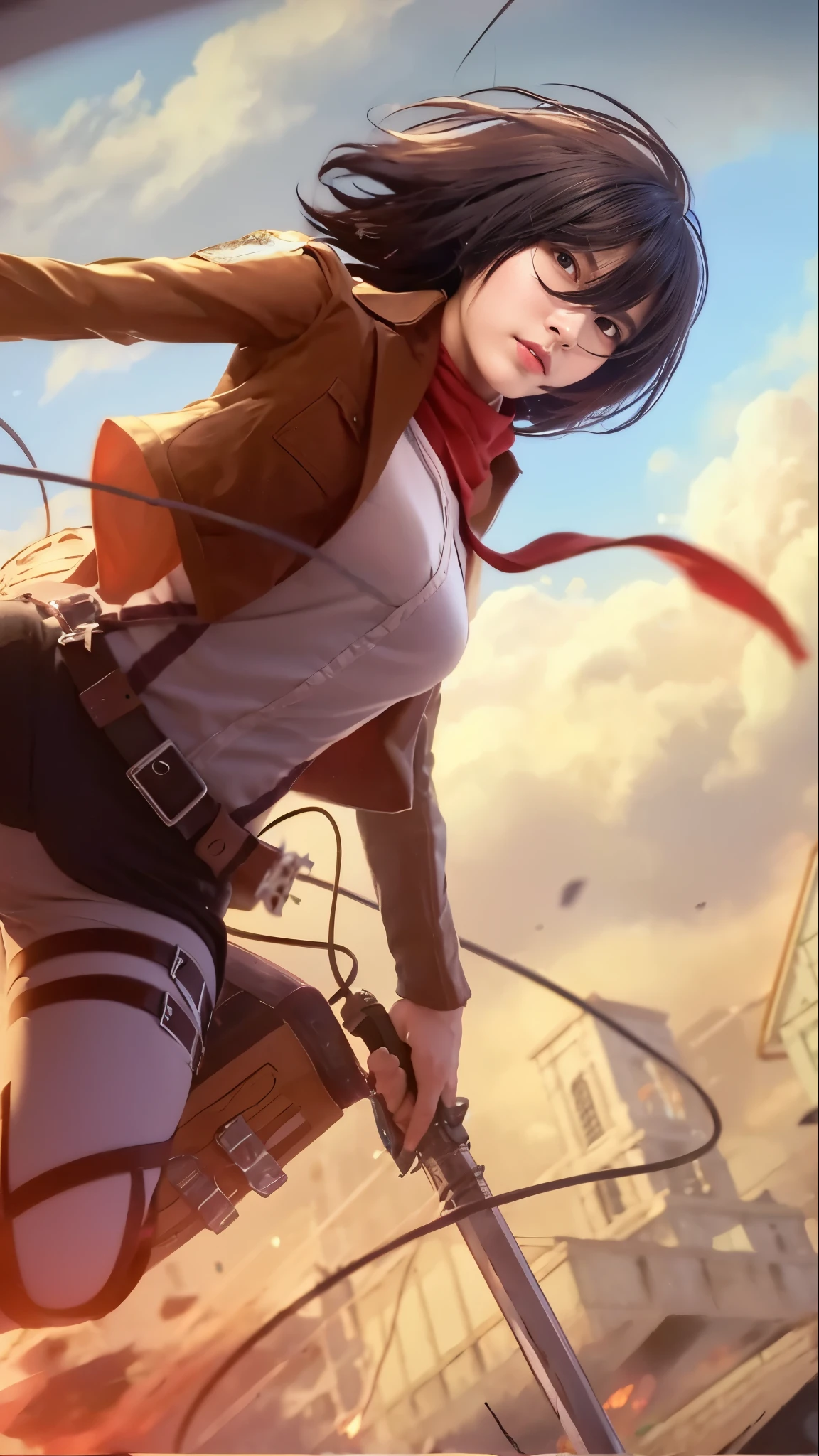 (highly detailed body, highly detailed face, best quality:1.2) ,A Woman, look at viewer, high detailed face, beautiful color, magnificent quality, detailed eyes, detailed face, detailed hair, accurate face, accurate hair, 8k, Mikasa, Masterpiece, Best quality, A high resolution, Short hair, Black eyes, Scarf, emblem, belt, thigh band, Red scarf, White pants, Brown jacket, Long sleeves, holding weapon, sword, dual wielding, Three-dimensional electric gear, Arms spread wide, standing on one leg, Wide shot, sky, Highest quality, high resolution.